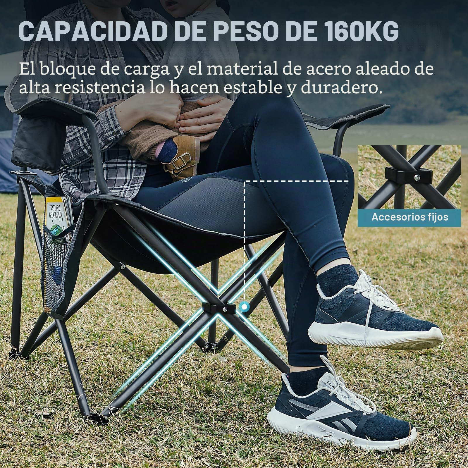 EVER ADVANCED Silla Camping 150kg Alta Silla Plegable Camping Acolchada Resistent Sillas Jardin Respaldo Silla Playa Plegabler Alto con Bolsillo y Portavasos Sillas Terraza Exterior Silla Director