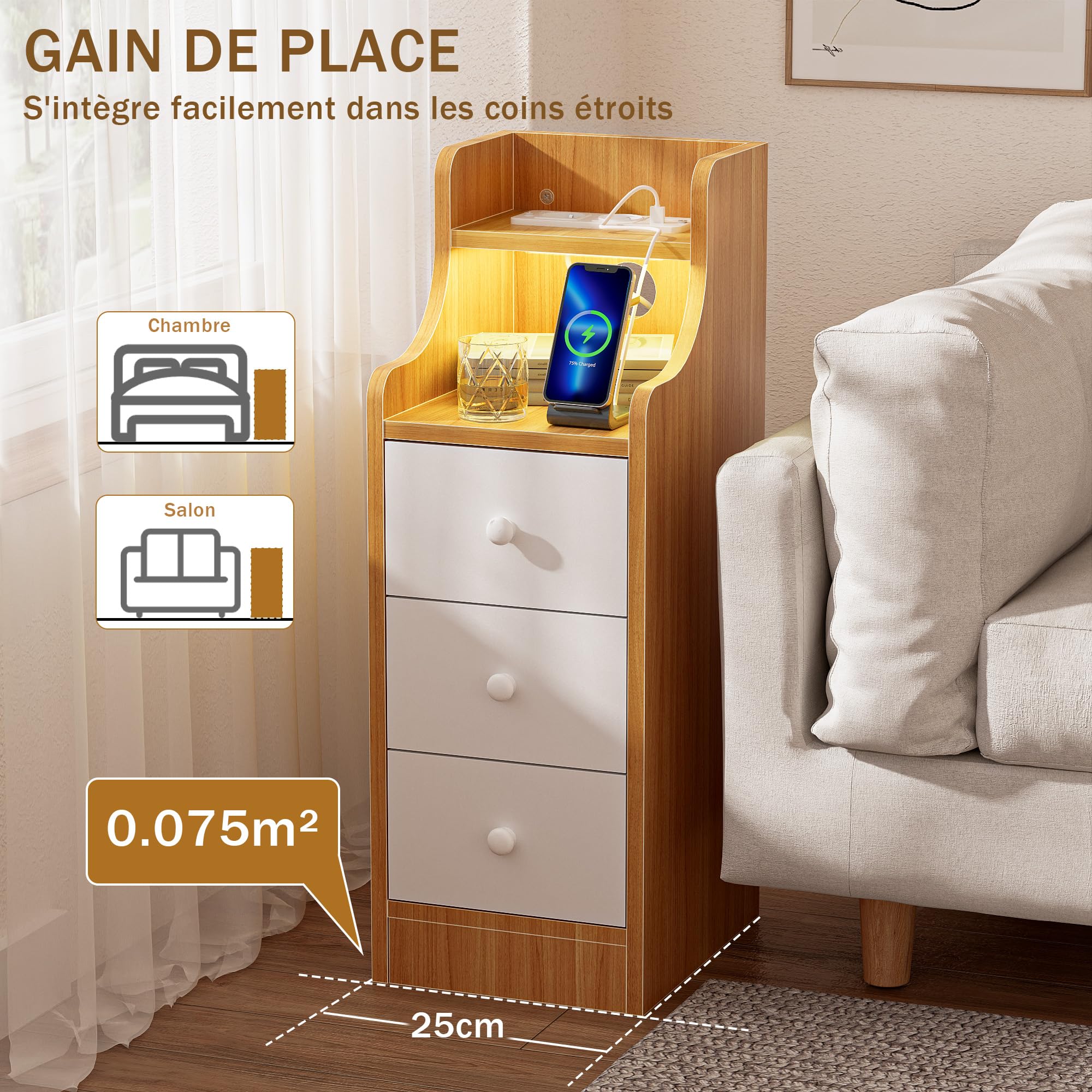 Table de Chevet Etroite avec Éclairage LED RGB et Prise 2 AC 2 USB, Table de Nuit Étroite Bois avec 3 Tiroirs, Lumière Bluetooth Table d’Appoint pour Salon Chambre Bureau, Marron 30x25x70cm