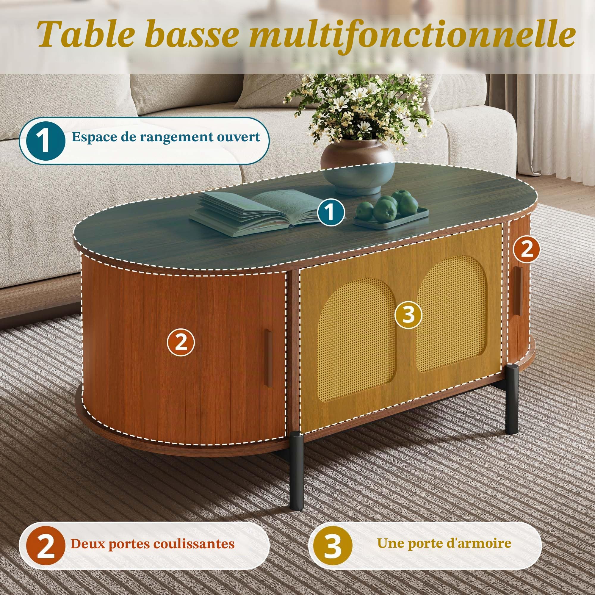 Merax Table basse en noyer avec espace de rangement, table de salon aspect bois avec portes coulissantes en rotin et pieds en métal, table d'appoint moderne pour salon, 100 x 50 x 40 cm (L x l x H)