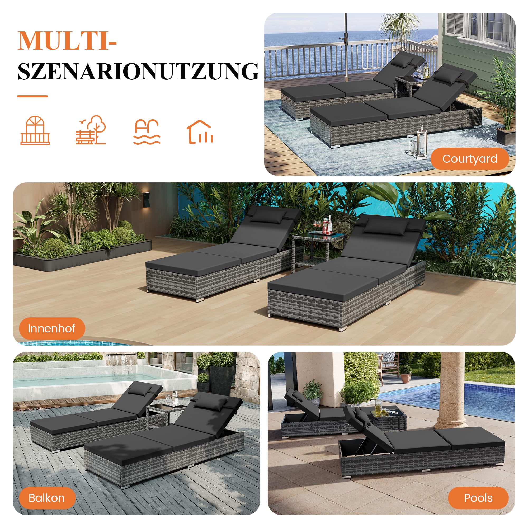 UDPATIO Sonnenliege 2 Personen Set, 3er Gartenmöbel Lounge Set Outdoor inkl. 2 Polyrattan Gartenliegen Wetterfest & 1 Tisch, Sonnenliegen Set für Garten, Terrasse, Balkon (Grau-meliert & Grau Bezüge)