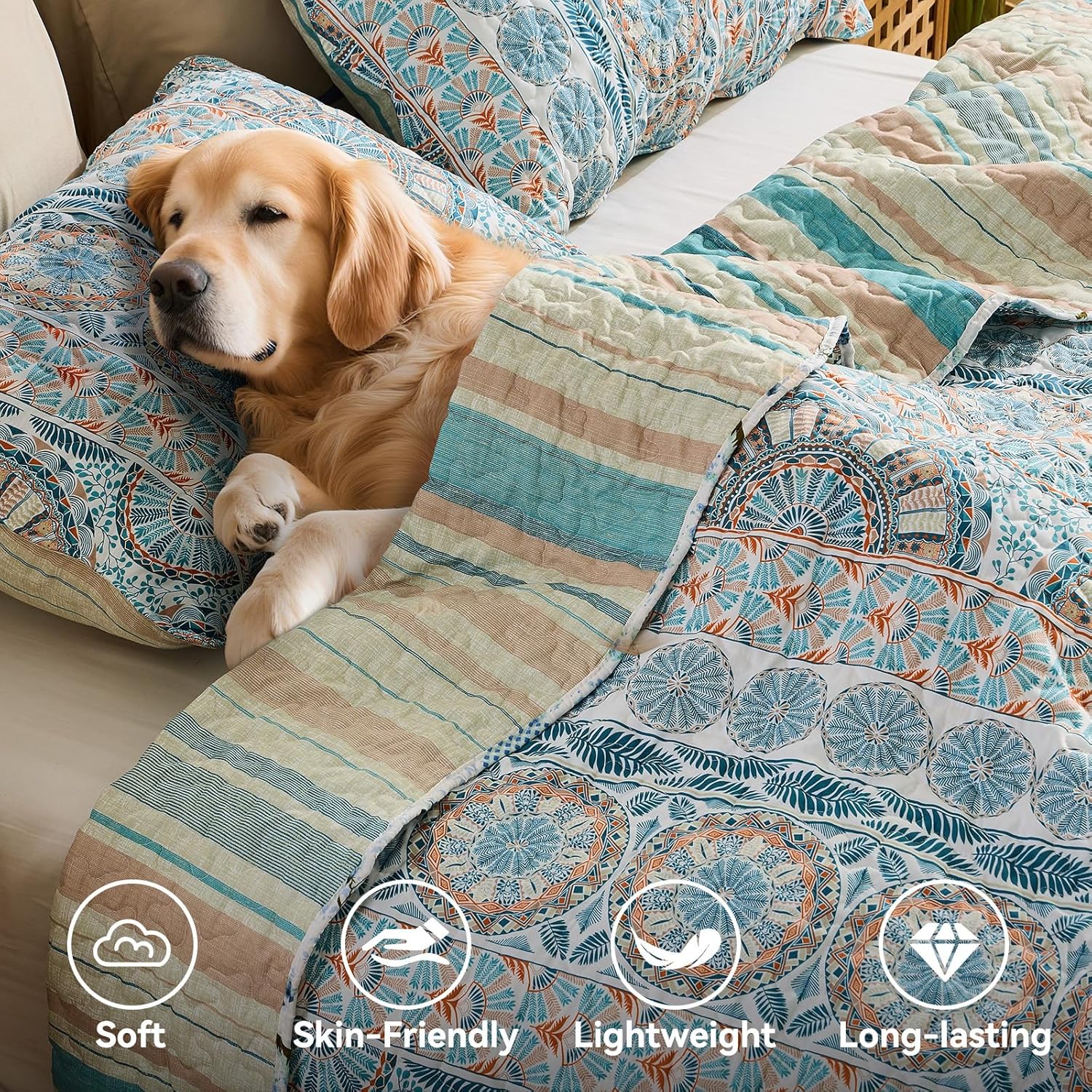 Qucover Boho Queen Quilt Bedding Set, Teal Blue Striped Reversible Oversized Queen Quilt Set, 3pc Lightweight Microfiber Bedspread Coverlet with 2 Pillowcase, Bohemian Bedroom Decor - Image 4