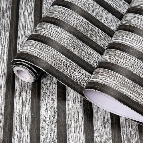 Miniatura 5 de Yun-aeon Papel tapiz de madera natural para despegar y pegar, listones de madera gris, 17.7 x 120 pulgadas, autoadhesivo, impermeable, papel de