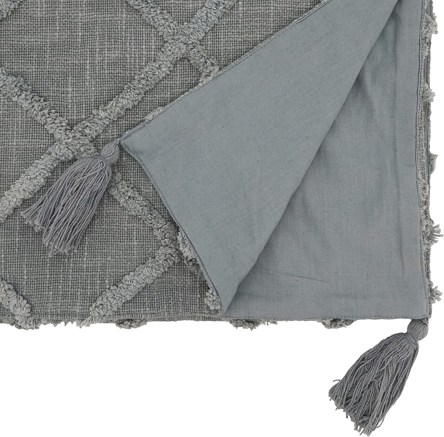 Gray Diamond Tufted Cotton Table Runner with Tassels