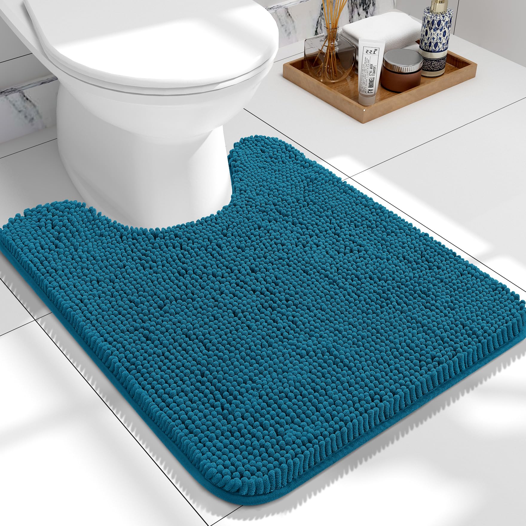 OLANLY Toilet Rugs U-Shaped 24x20, Extra Soft Absorbent Chenille Contour Bathroom Rugs for Toilet, Dry Quickly, Machine Washable, Non-Slip Toilet Bath Mat, Peacock Blue