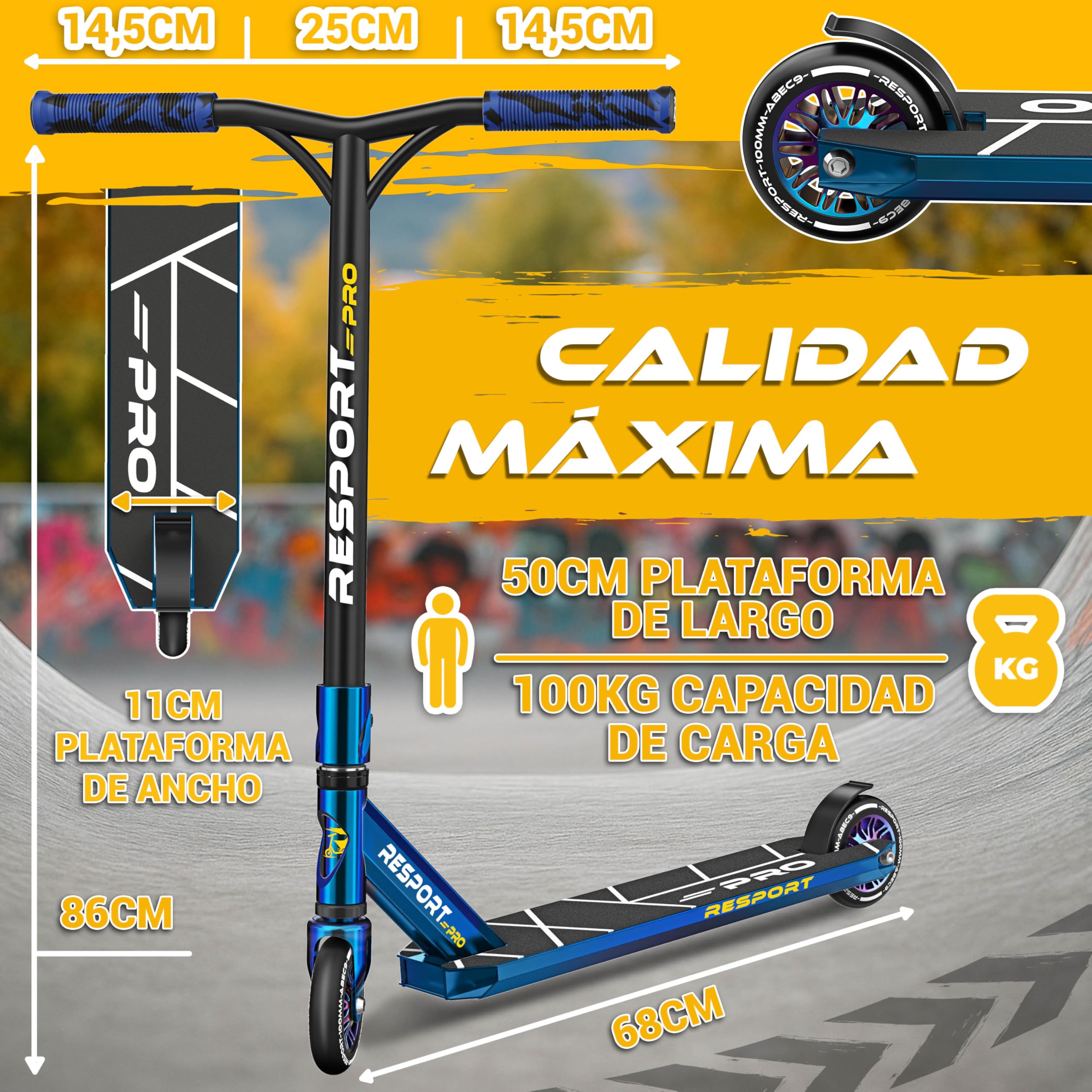 RE:SPORT Patinete de acrobacias Revo Pro para niños y adultos con soporte, patinete profesional de 110 mm, ruedas de poliuretano y barra en Y, patinete de acrobacias, patinete ABEC 9, rodamientos de — view 7