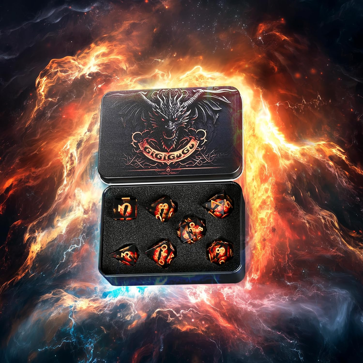 GiGiGuGu DND Dice Set – Dragon Eye Liquid Core Sharp Edge Resin Dice Set 7pcs with Metal Gift Box for Role Playing Games (Flame – Red)