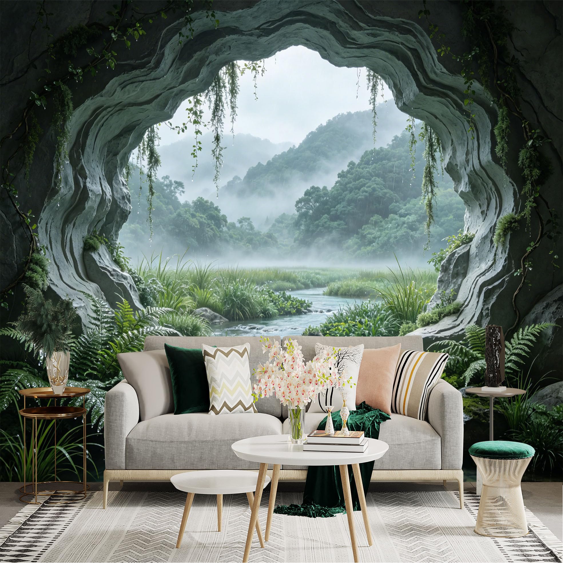 Custom Size Wall Sticker Mural， Misty Forest River with Cave and Lush Greenery， for wall Decoration， peelandstick wall Decals.