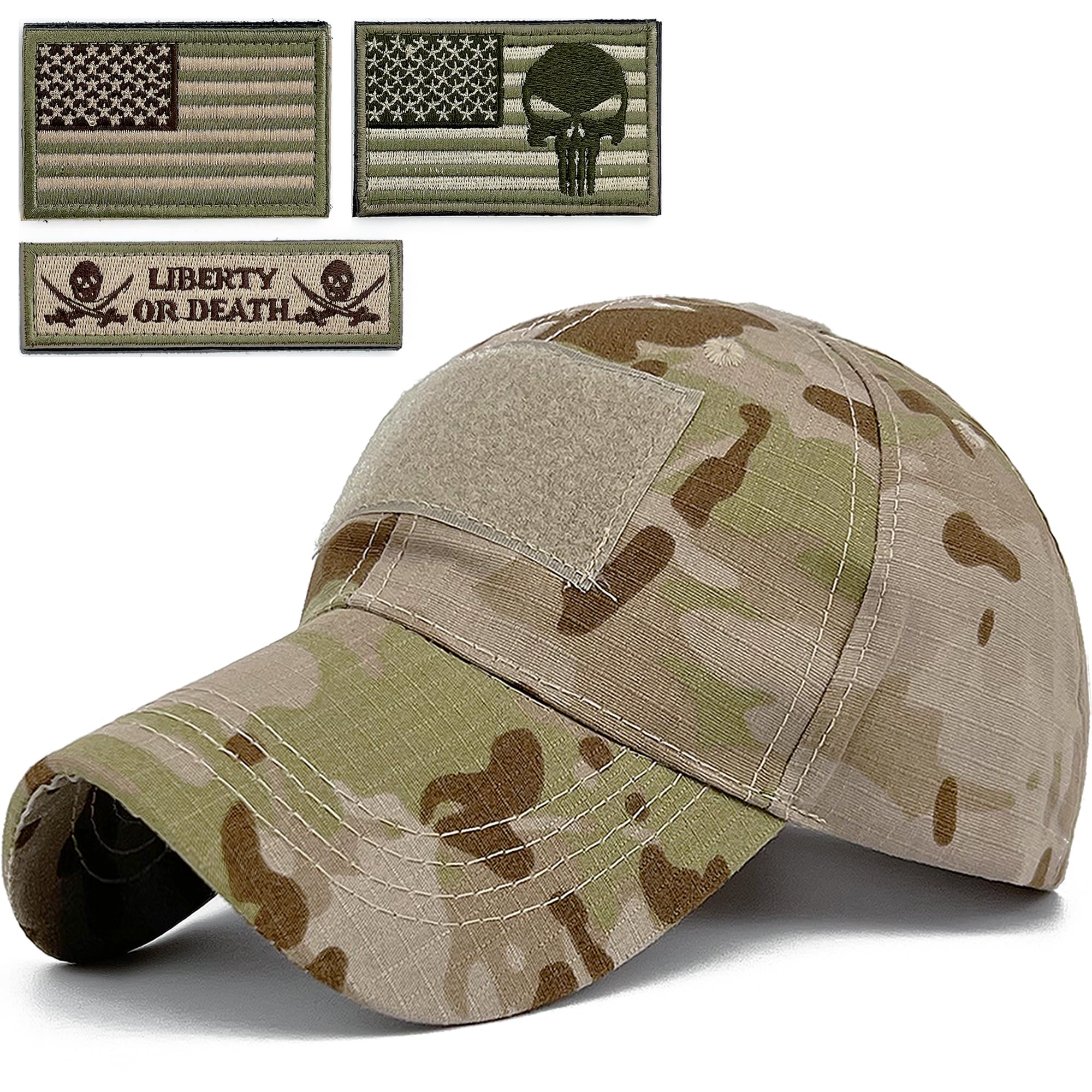 Tactical Military Mens Camo Baseball Hat with American Flag Skull Patch Patriotic Operator Camouflage Cap for Women