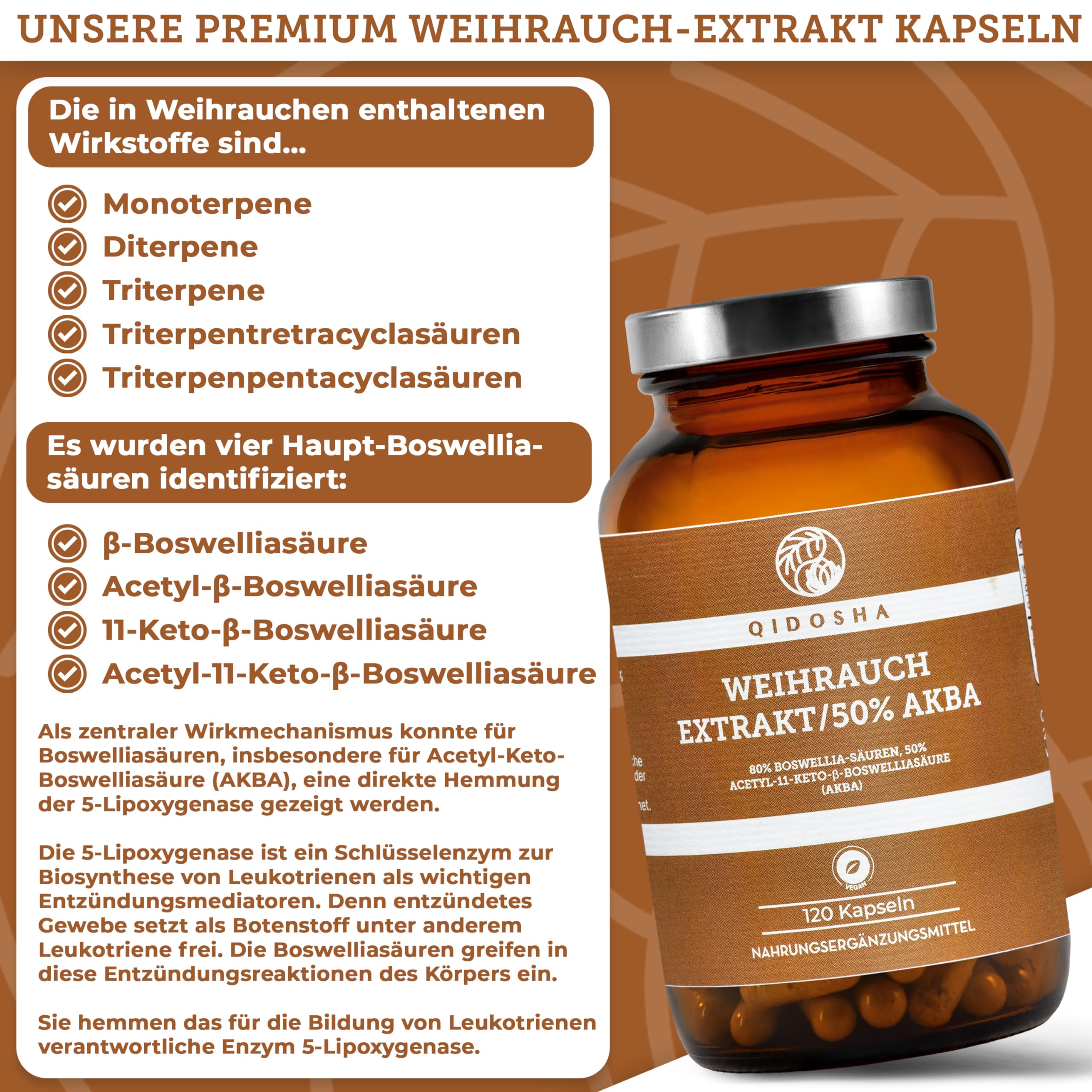 QIDOSHA® Weihrauch AKBA Kapseln, höchster AKBA-Gehalt am Markt, 120 Stk/Glas, 250mg Weihrauch-Extrakt mit 125mg AKBA je Kapsel, 80% Boswellia-Säuren, AKBA Kapseln hochdosiert mit 50% AKBA