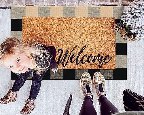 Miniatura 6 de KOZYFLY Buffalo - Alfombra a cuadros de 2 x 3 pies, color blanco y negro, tejida a mano, lavable a mano, para interiores, para puerta delantera,