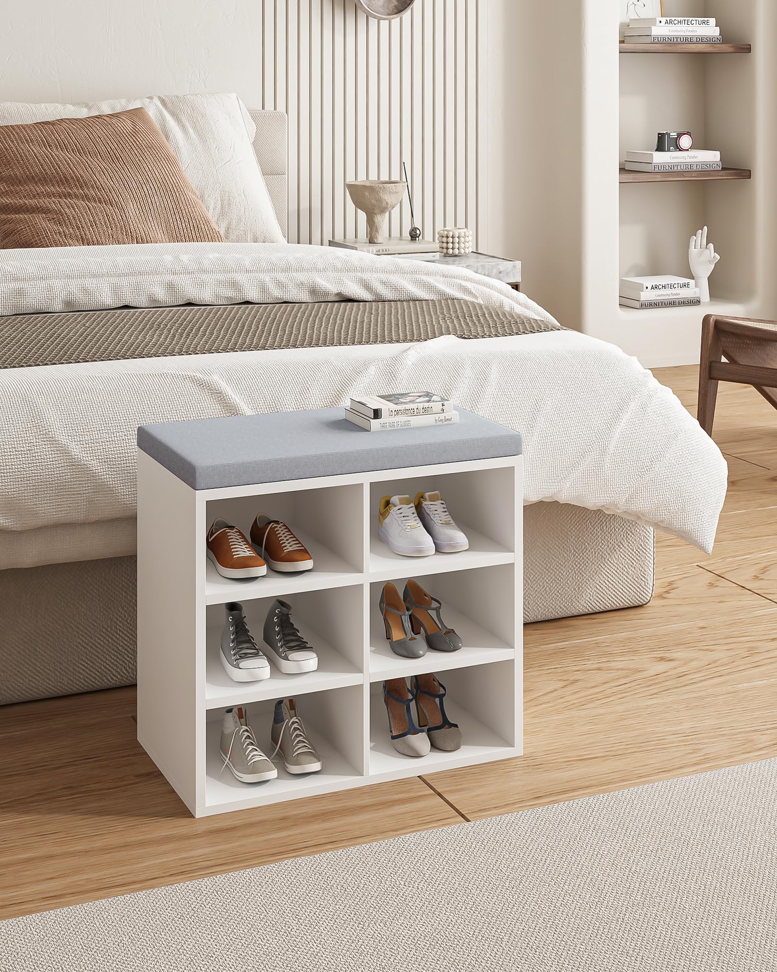 Hzuaneri Schuhbank mit Sitzfläche, weiß-grau, 6 Fächer, 30x60x52,7cm | Schuhregal, Sitzbank mit Stauraum, Kissen, verstellbare Ablagen, für Wohnzimmer, Flur, Schlafzimmer, SB09903X