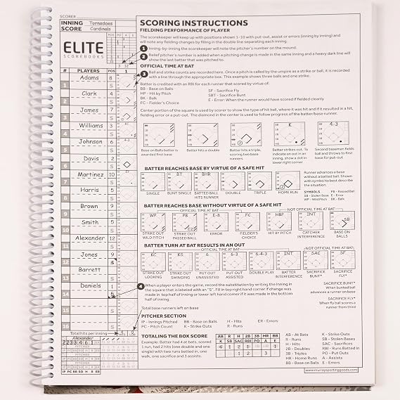 Elite Clipboards Baseball Scorebook - 50 لعبة سجل النقاط جنبًا إلى جنب كتاب حفظ النقاط للإحصائيات | كتاب تتبع إحصائيات البيسبول - المدرسة الثانوية، المدرسة المتوسطة، الدوري الصغير لحراس النتائج