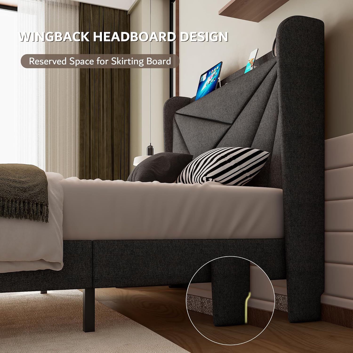 iPormis Twin Size Bed Frame with Charging Station, Linen Platform Bed Frame with Wingback Upholstered Headboard, Solid Wood Slats Support, No Box Spring Needed, Easy Assembly, Dark Grey