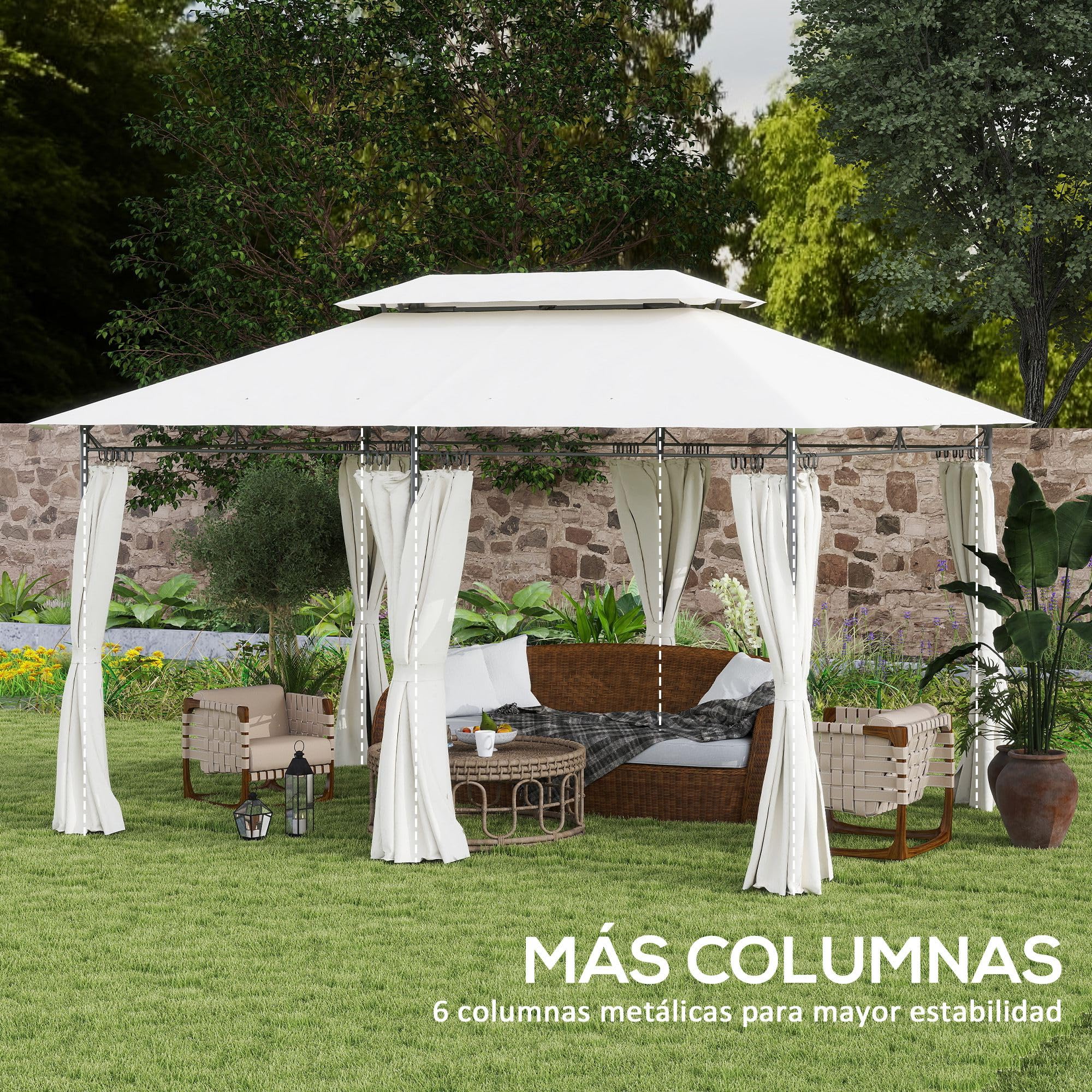 Outsunny Cenador de Jardín 4x3 m, Pabellón de Jardín Gazebo con Doble Techo, 6 Paredes Laterales, Estructura Metálica, Orificios de Drenaje, Carpa para Exterior, Terraza, Patio, Crema