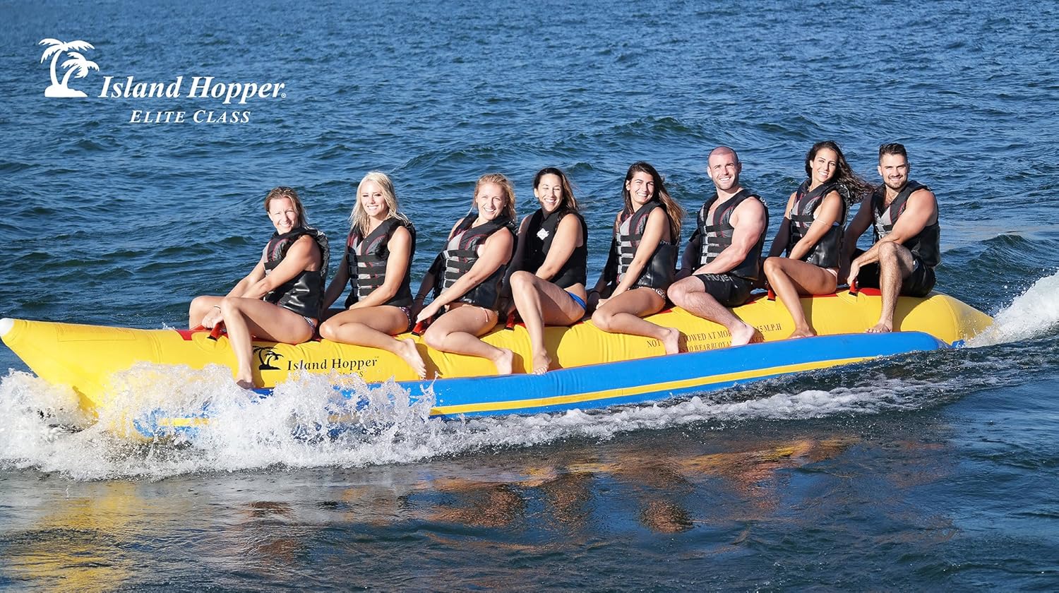 Island Hopper 8 Passenger Inline Banana Boat Float – Heavy Duty Commercial Towable Tube for Boating – 21 Ft Durable 1000D Material Boat Tube with Reinforced Seats, Handles, and Complete Kit – Yellow