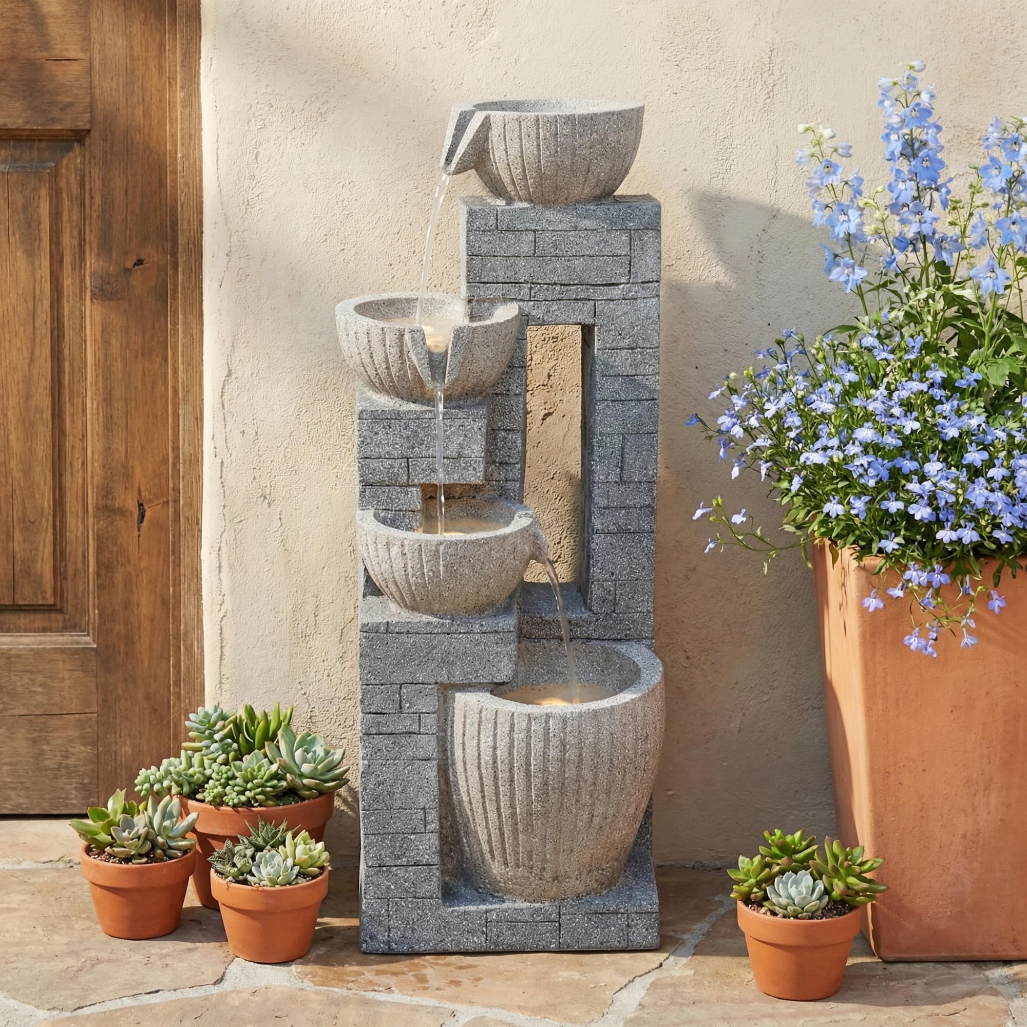 Gartenbrunnen, Brunnen Garten, Gartenbrunnen für Außen, 80 cm Schichtstein-Becken mit LED-Brunnen, aus Rostbeständigem Polyesterharz, für Garten, Terrasse, Balkon & Rasen (Grau)