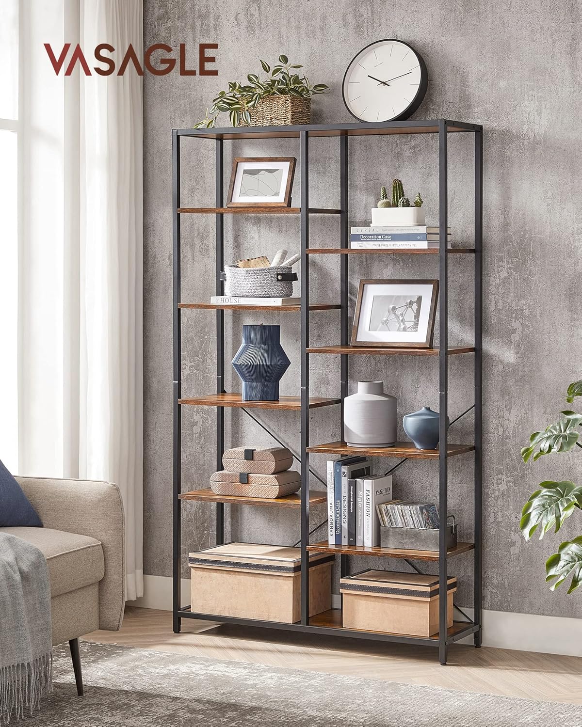 Fully assembled VASAGLE 5-Tier Industrial Bookshelf in a living room setting.