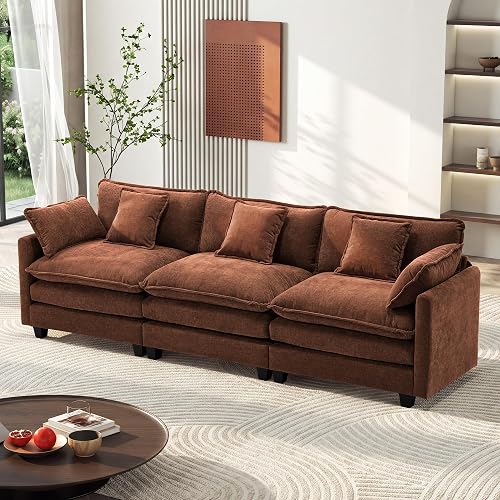 Ihanherry 111.4 Inch 3-Seater Cloud Sofa, Modular Sectional Couch, Modern Deep Seat Sofa for Living Room, Comfy Double Layer Upholstered Seat Cushion, Breathable Chenille Fabric, Brick Red