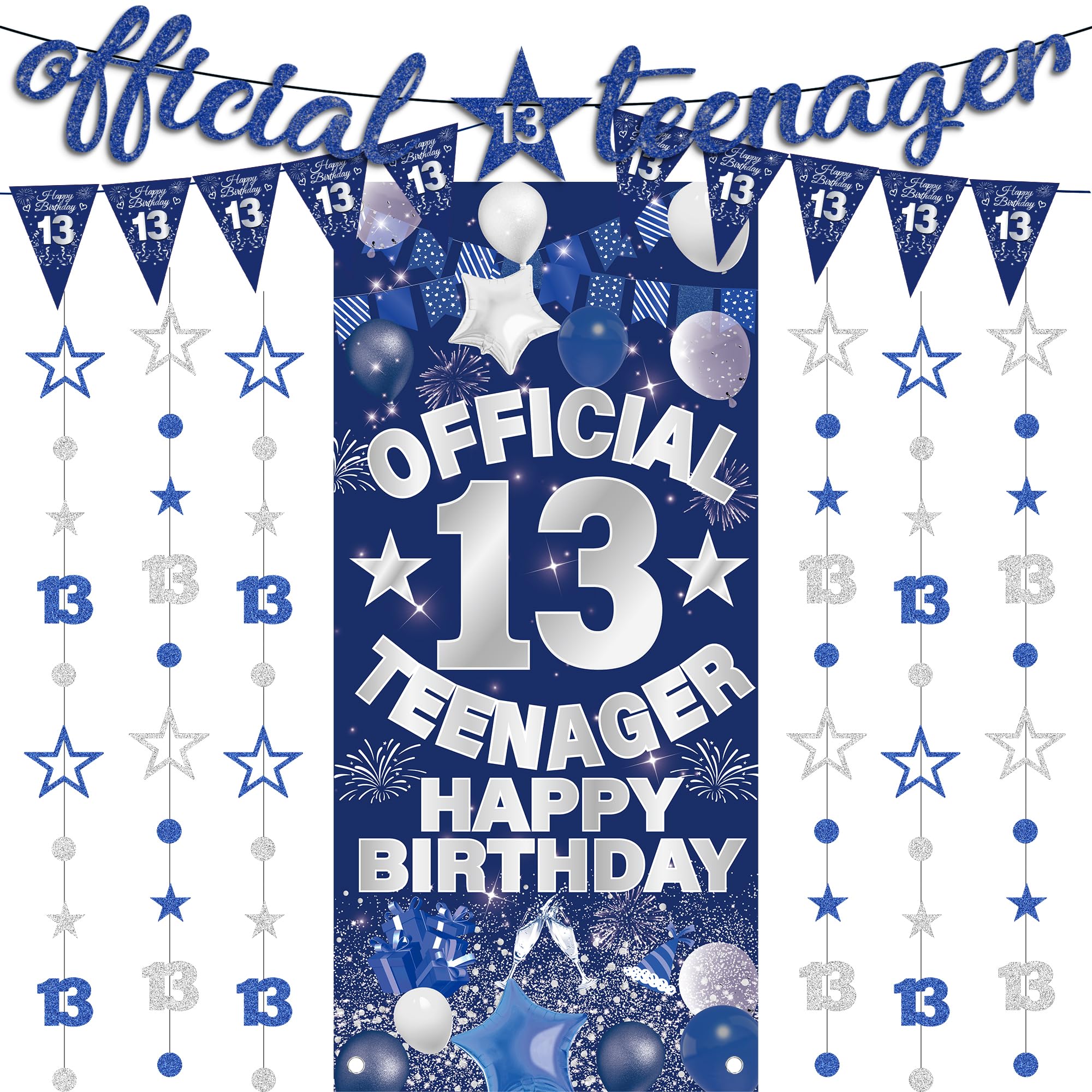 13th Birthday Decorations Party Boys - 9 Pcs Blue Happy Birthday Banners Official Teenager Backdrop Glitter Star Hanging Streamers for Boy Teenager 13 Years Old Party Decor Supplies