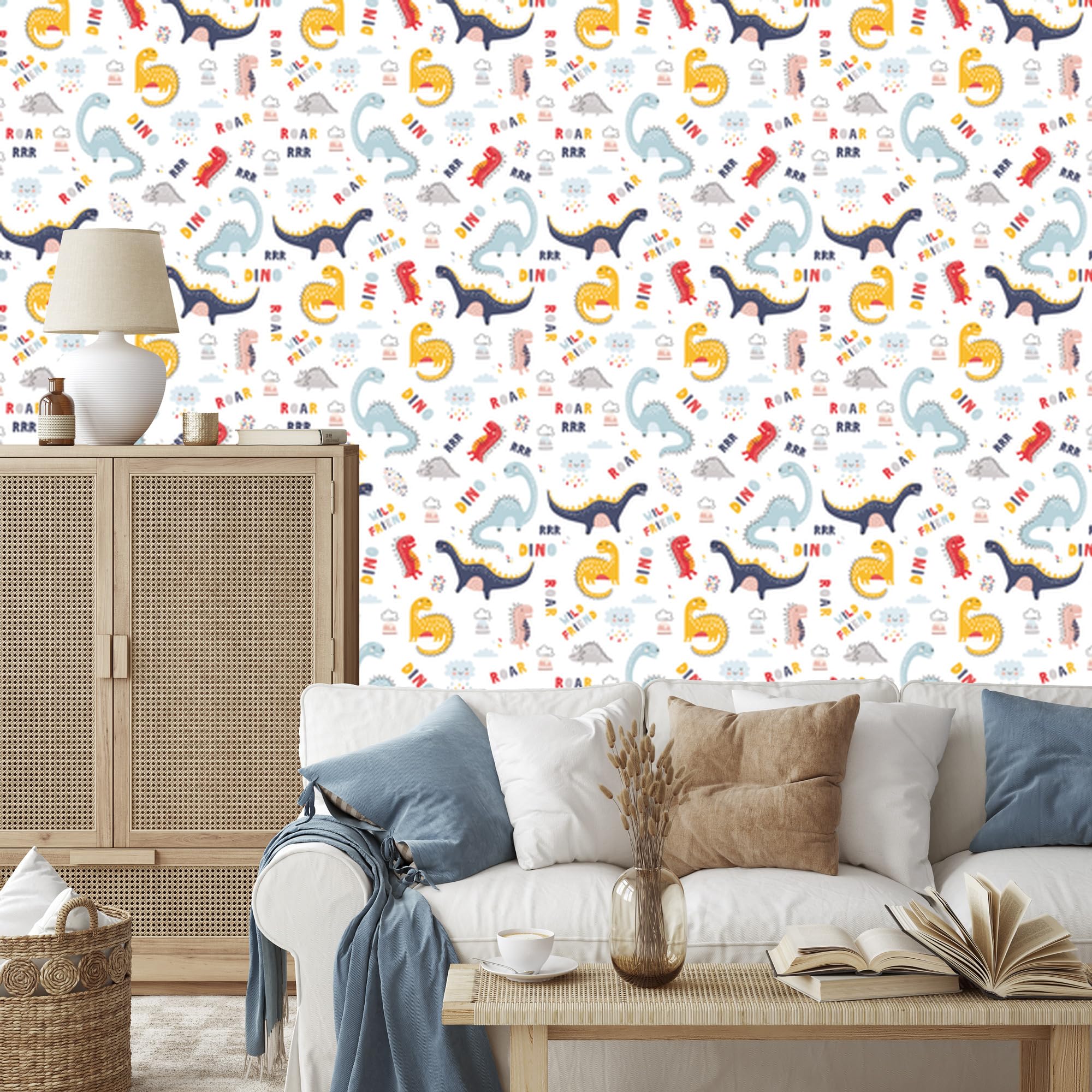 Vliestapete Bunte Wolkendinosaurier 50 x 1000 cm | Ausdrucksstarke Faunadarstellung; Lebendige Naturkulisse; Charaktervoller Zimmerschmuck; Kleister im Set