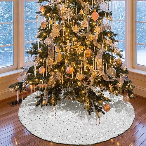 Miniatura 6 de DegGod Faldas de árbol de Navidad blancas como la nieve con lentejuelas plateadas, 30 pulgadas de piel sintética de felpa para árbol de Navidad,