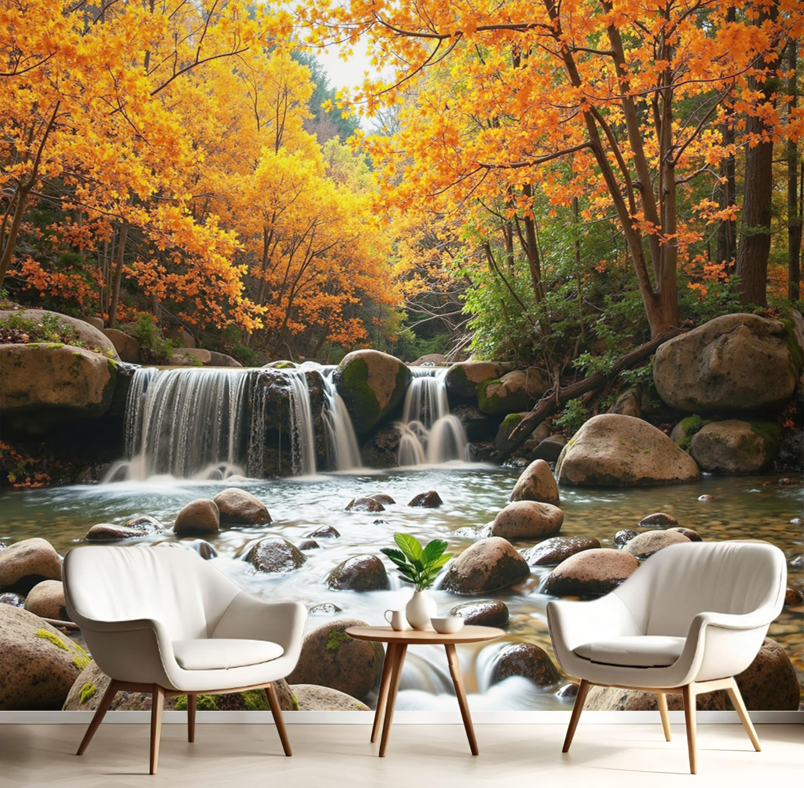 Papier peint cascade forêt d'automne pour illuminer un salon sombre ou sans relief