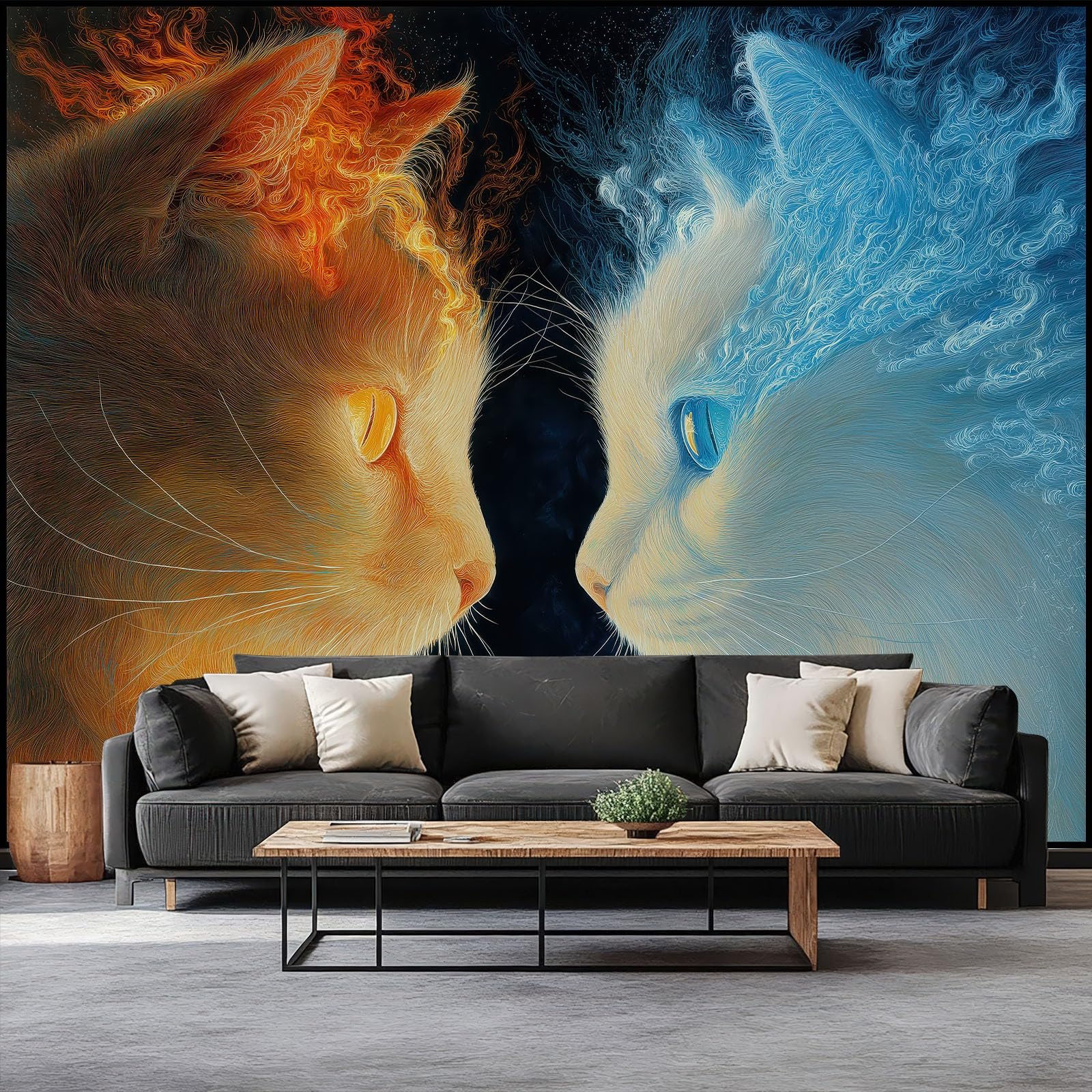 Papier peint panoramique intissé premium chat surréaliste décoration murale salon XXL
