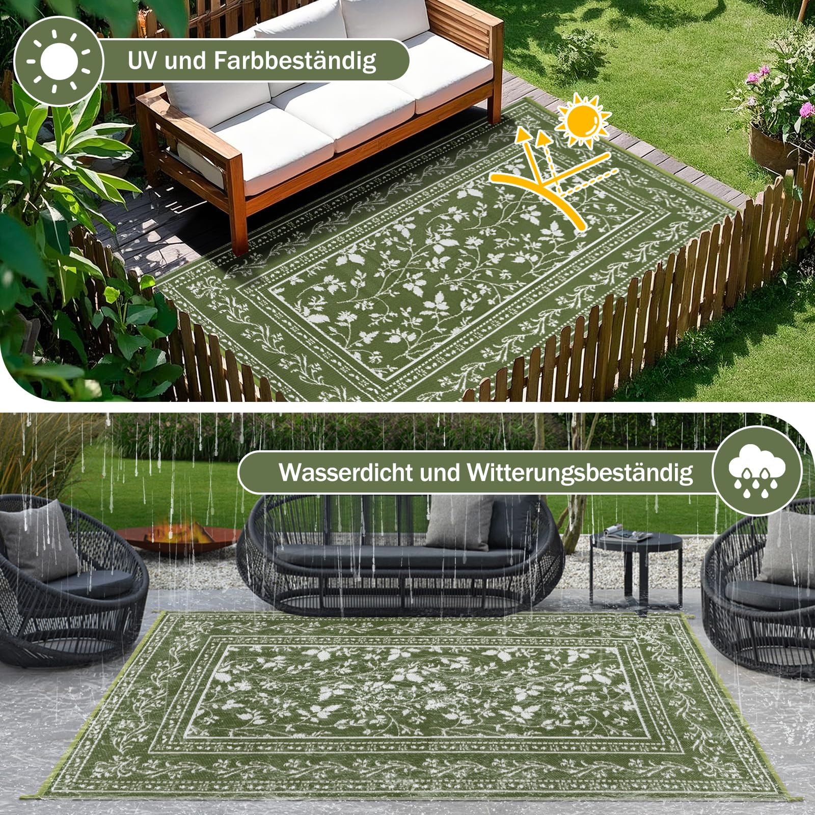 Grün Outdoor Teppich Wetterfest 150x245cm, Wendbarer Balkon Teppich, Outdoorteppich Matte Kunststoff Teppiche, Wasserdichter Außenteppich, UV-Beständige Camping Teppiche für Terrasse Garten RV