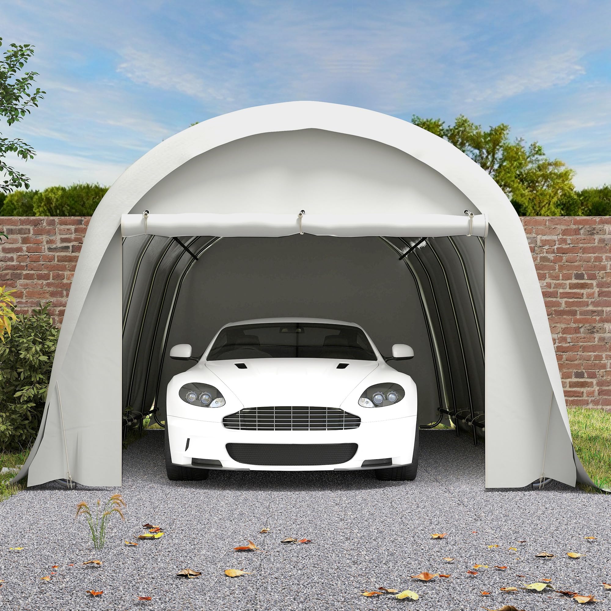 Outsunny Garage Auto per Esterno 3.6x7.2 m con Copertura PE, UV50+, Tettoia per Auto Telaio Zincato Porta Avvolgibile, Crema