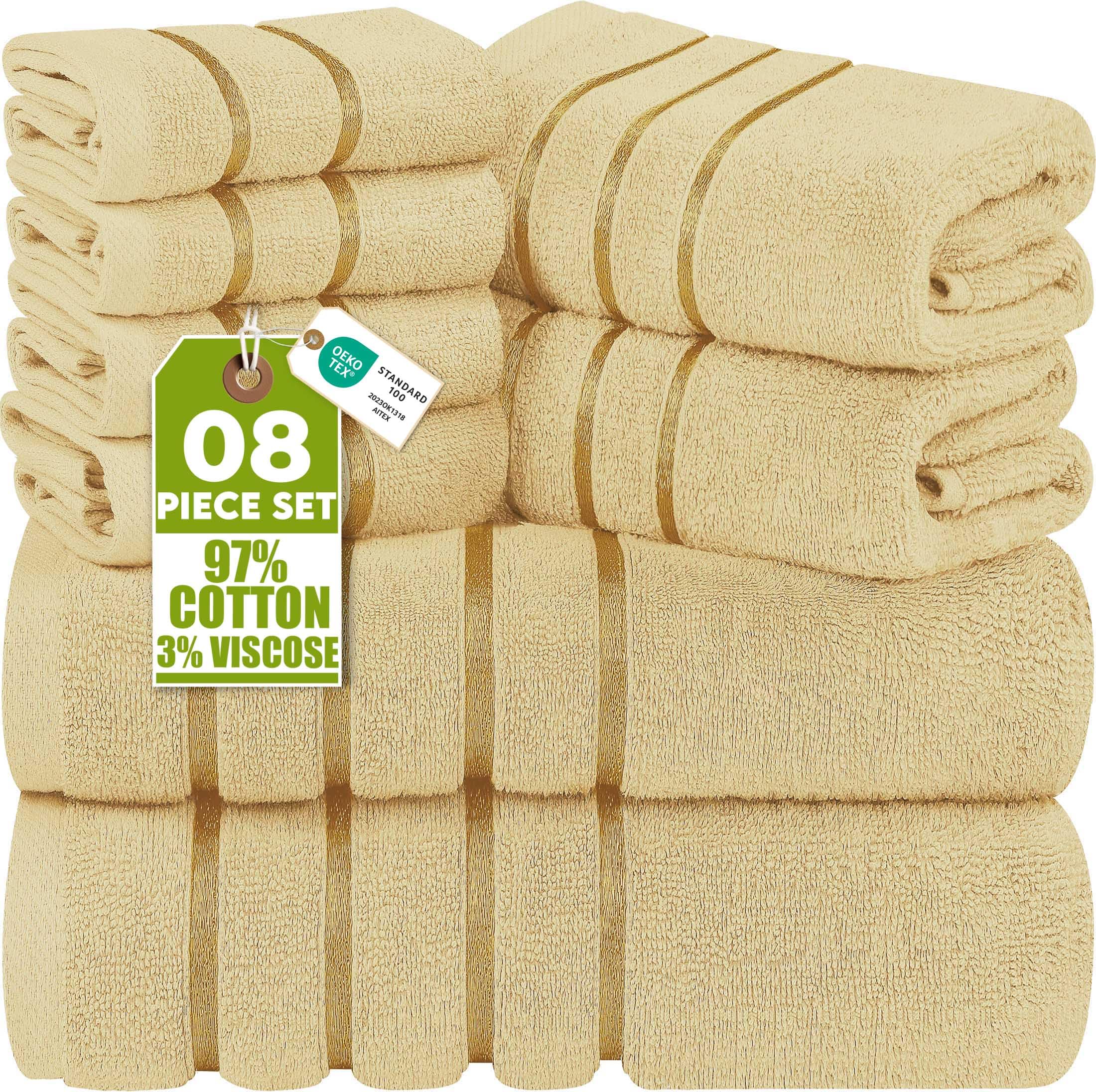Utopia, Set di 8 asciugamani, con 2 teli bagno, 2 asciugamani ospiti, 4 salviette, in 100% cotone filato ad anelli da 600 g/m², altamente assorbenti, con strisce in viscosa, per uso quotidiano (beige)