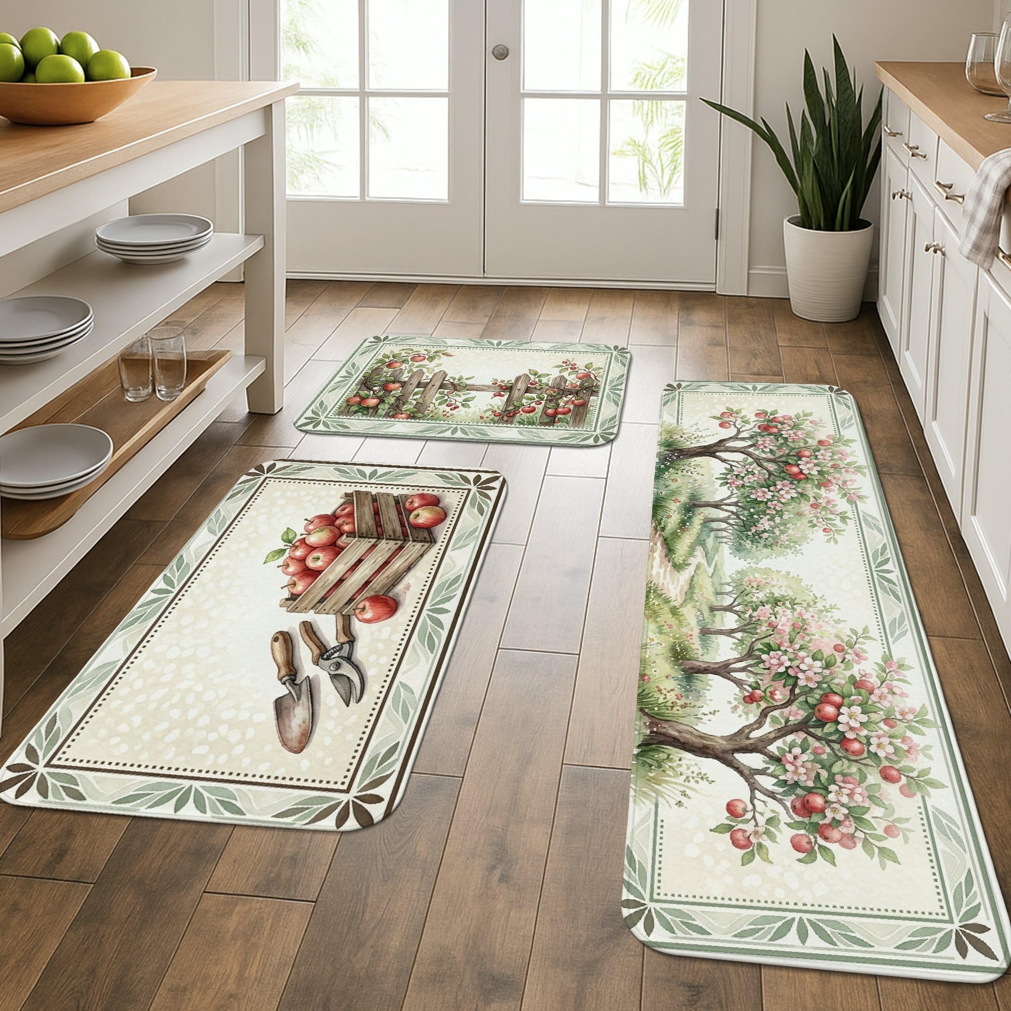 Lot de 3 tapis de cuisine lavables motif fleurs de cannelle vert automne