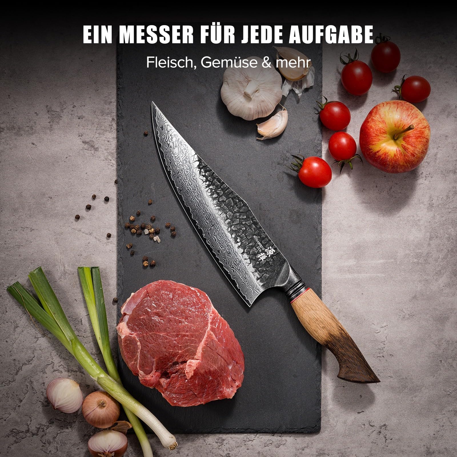 OKAMI Damast Chefmesser – 21,9 cm Klingenlänge – 67-lagiger Damaststahl mit VG10 Kern – Japanische Messerkunst – Hammerschlag-Finish – Eichenholzgriff