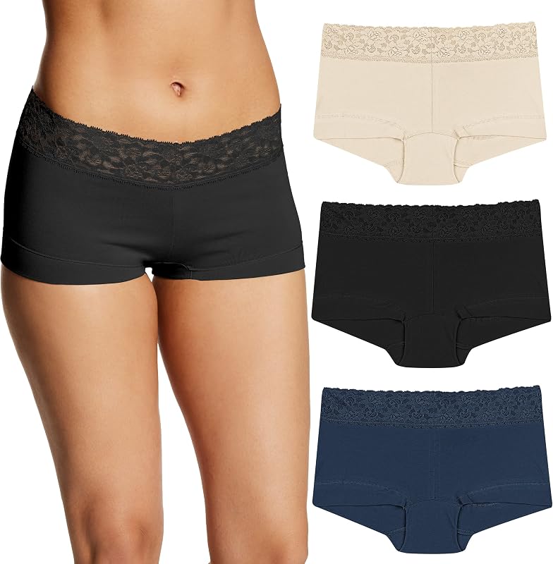 Maidenform Paquete de ropa interior para mujer, pantalones cortos para niño, paquete de 3, ropa interior de algodón elástico para mujer, bombacha cortas cómodas para niño para mujer