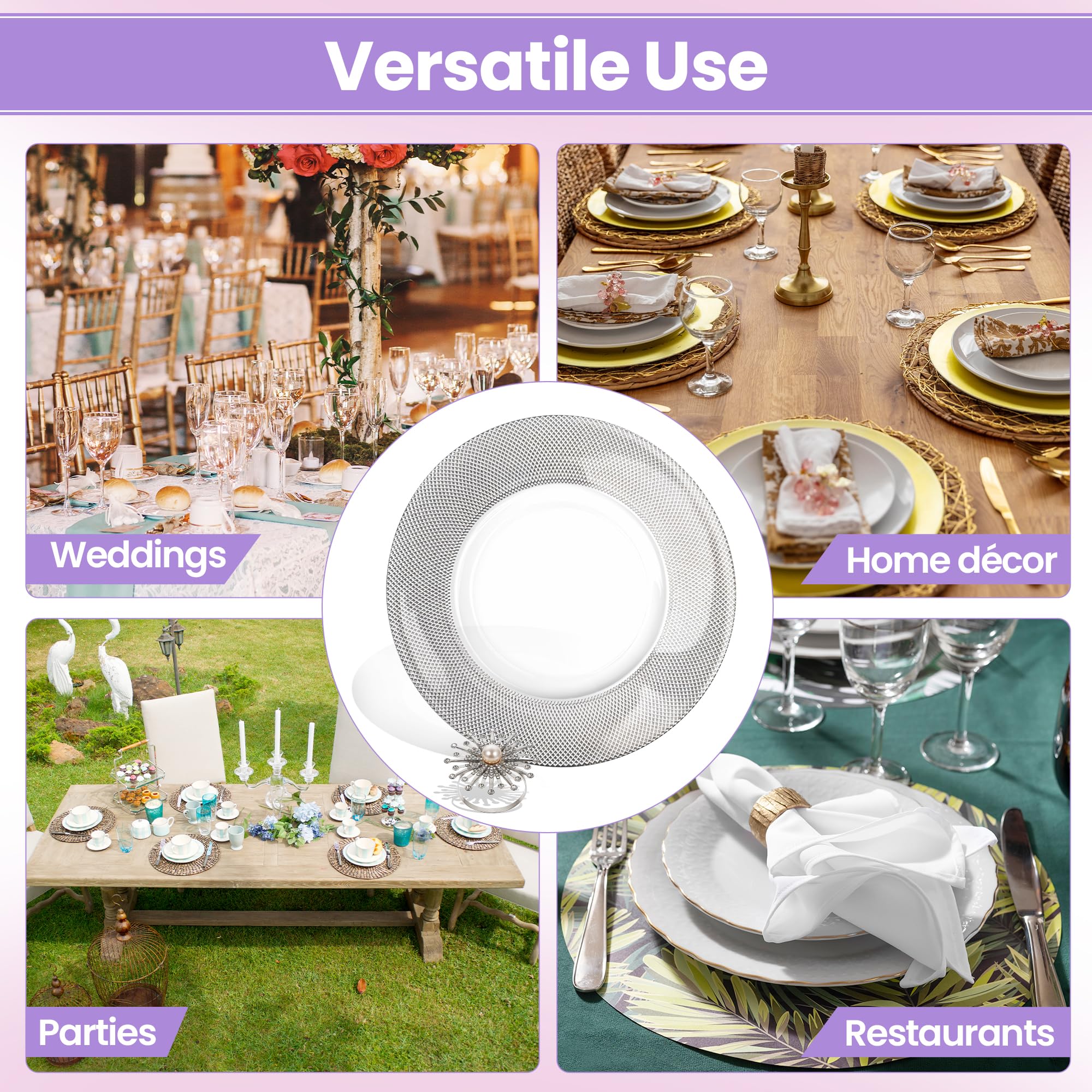Event Decor Shop Set di 12 eleganti piatti piani argentati con motivo a scacchi, con anelli portatovaglioli, 33 cm, in vetro, per matrimoni, feste ed eventi speciali, decorazione da tavola