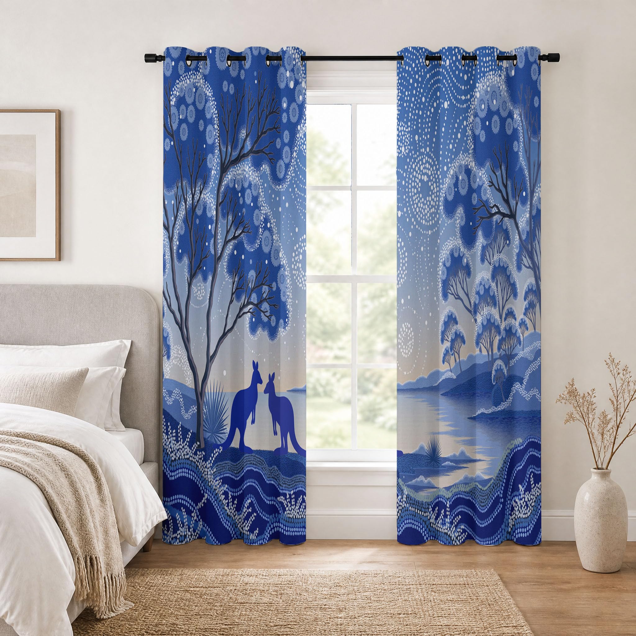 Cortinas Opacas Sencillez Bosque Impresión,3D Soñador Arbustos Canguros Cortinas Blackout Termicas Aislantes Frio y Calor con Ojales para Dormitorio Salon 2 Piezas 140×225cm,Azul