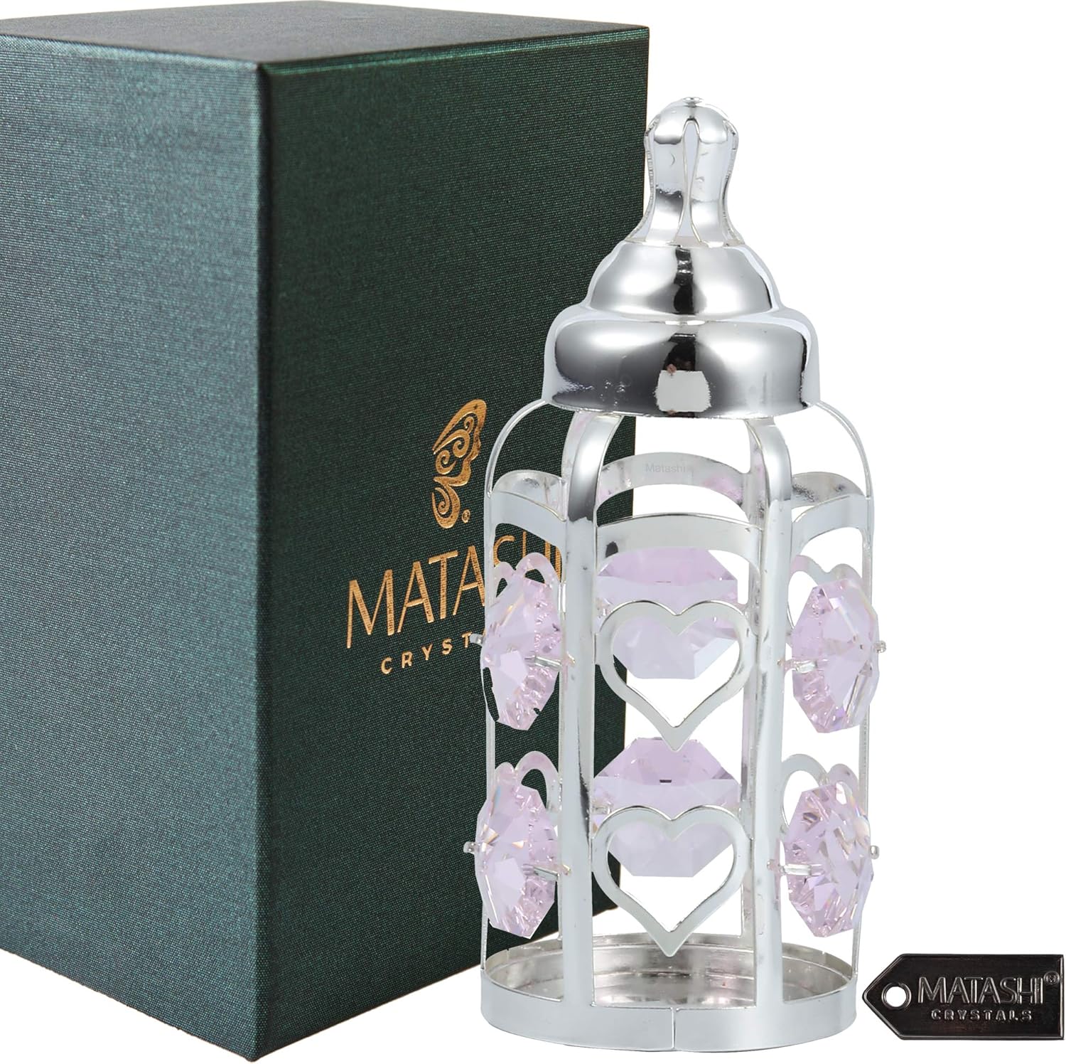 Matahi Silver Plated Crystal Studded Baby Bottle Ornament with Light Pink Crystals - Great Gift for Baby Shower, New Born Baby Gift
