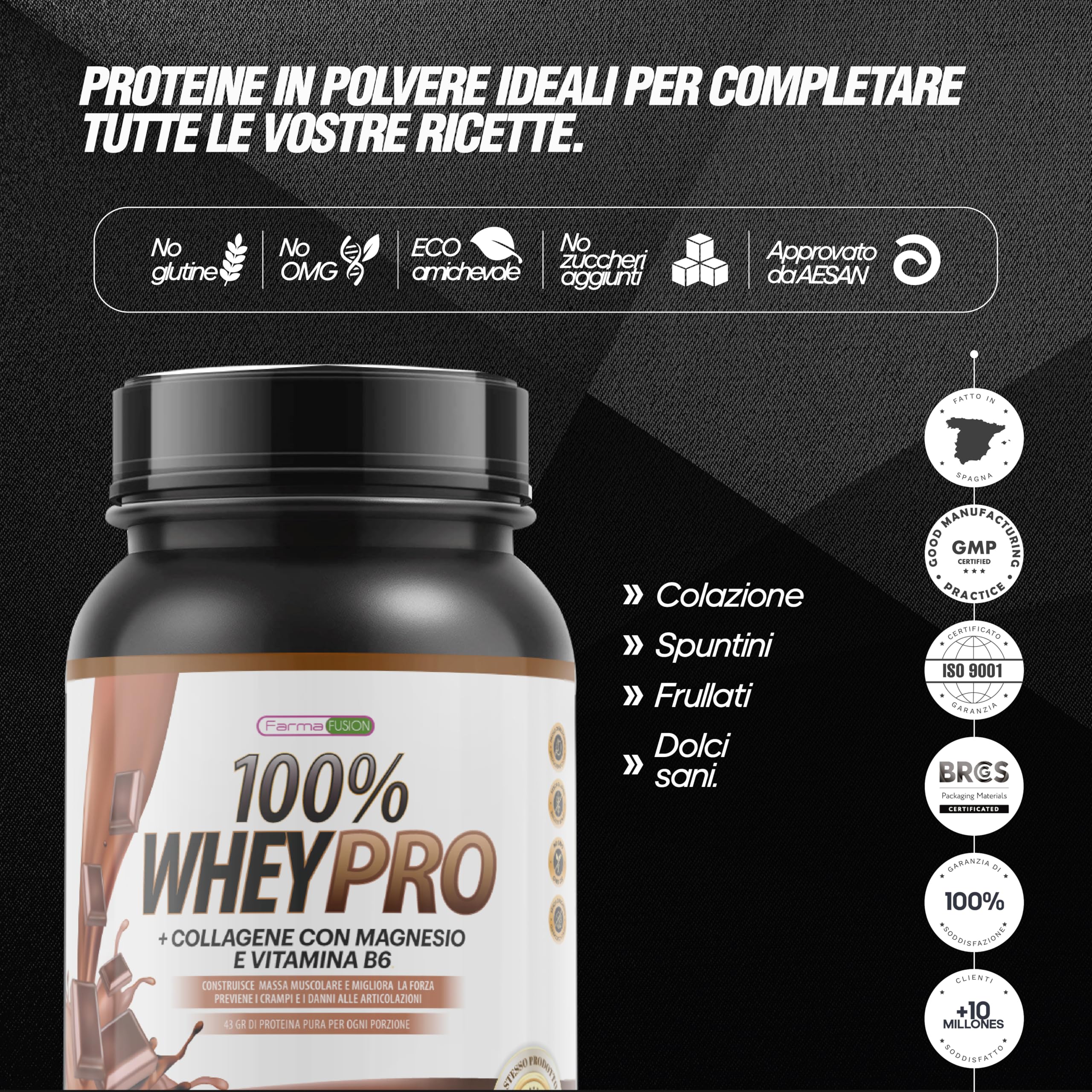 Farma Fusion Proteine del Siero del Latte con Collagene e Magnesio | 43 Grammi di Proteine pure per dose | Aumenta la massa muscolare | Protegge e lubrifica le articolazioni | 1000 g Cioccolato