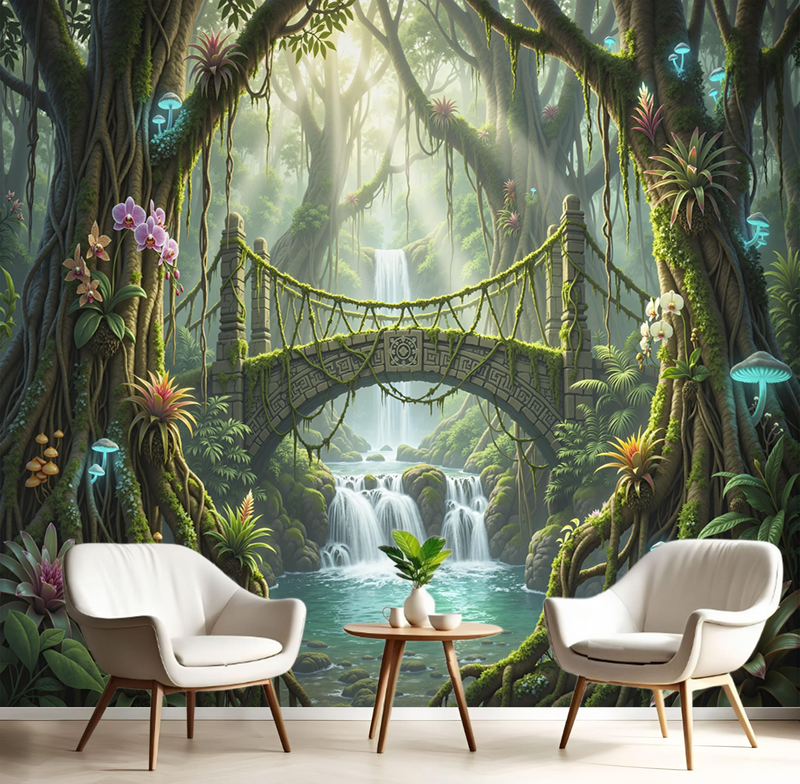 Paesaggio una foresta fantastica carta da parati 450x315cm seta da parete, Viti cascate ponte ad arco in pietra panoramiche poster carta da parati fotografica da parete per appartamentoVerde