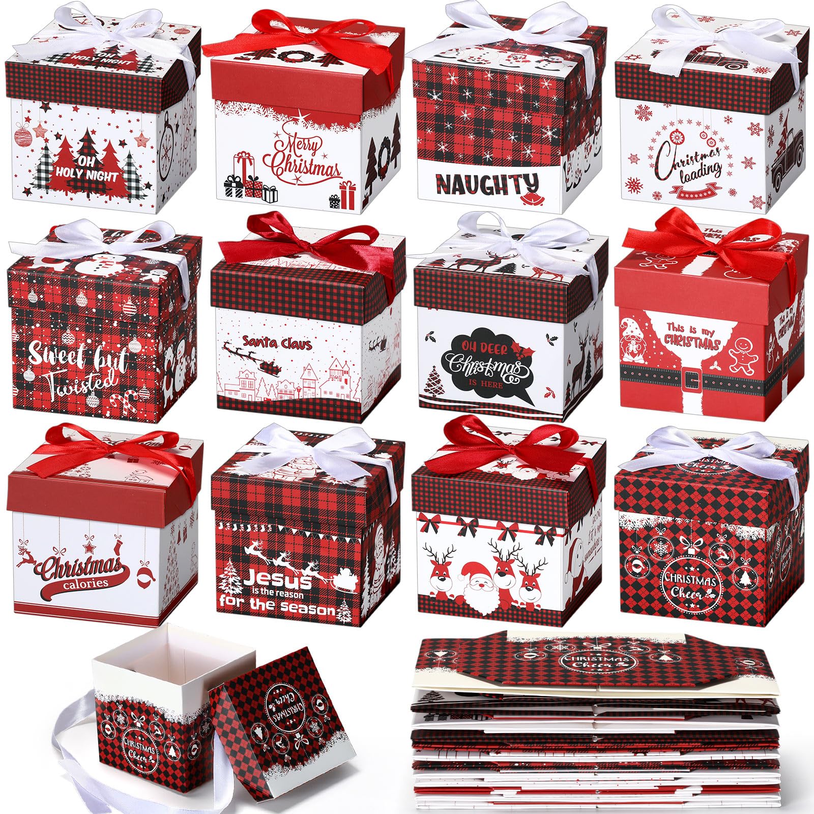 Cholemy 36 cajas de regalo de Navidad con tapas, pequeñas cajas cuadradas con lazo de cinta, cajas de Navidad de 4 x 4 x 4 pulgadas, cajas de regalo para fiestas de Navidad, embalaje de regalos, 12