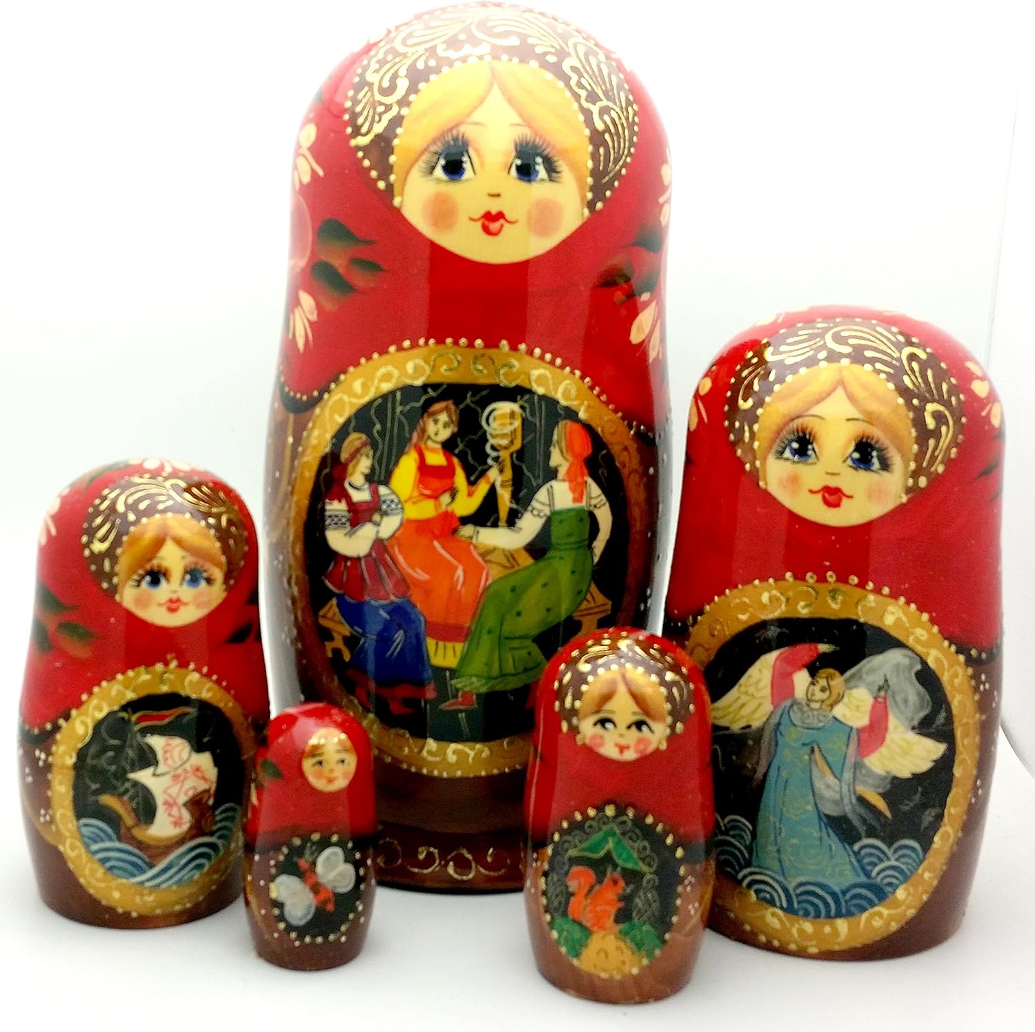 Tsar Saltan Fairy Tale by Pushkin Russian Nesting Doll Hand Carved Hand Painted 5 Piece Set 7" Tall