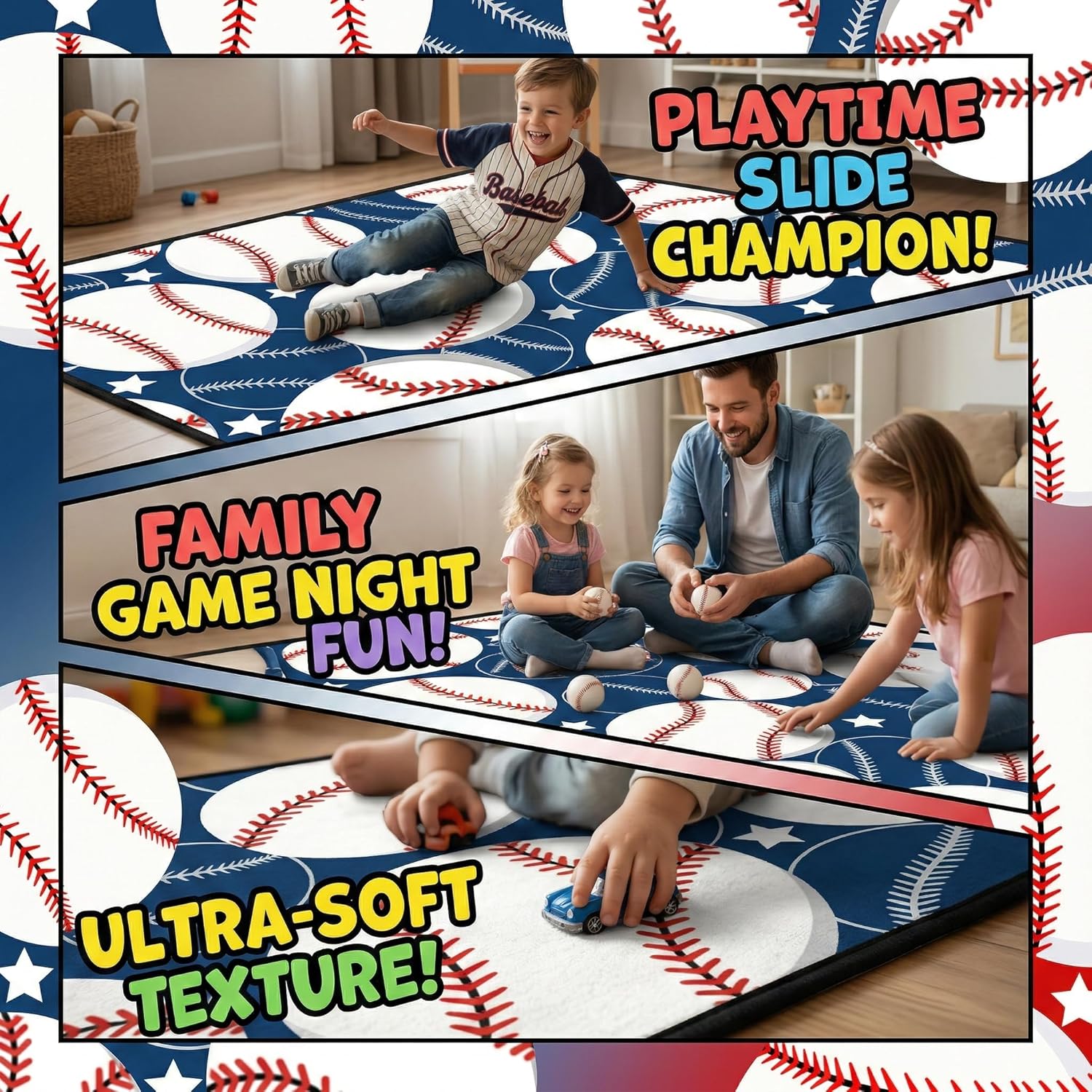 Baseball Carpet Rug - Baseball Rug for Boys Kids Room Sports Area Rug for Boys Kids Bedroom, 5'×7'