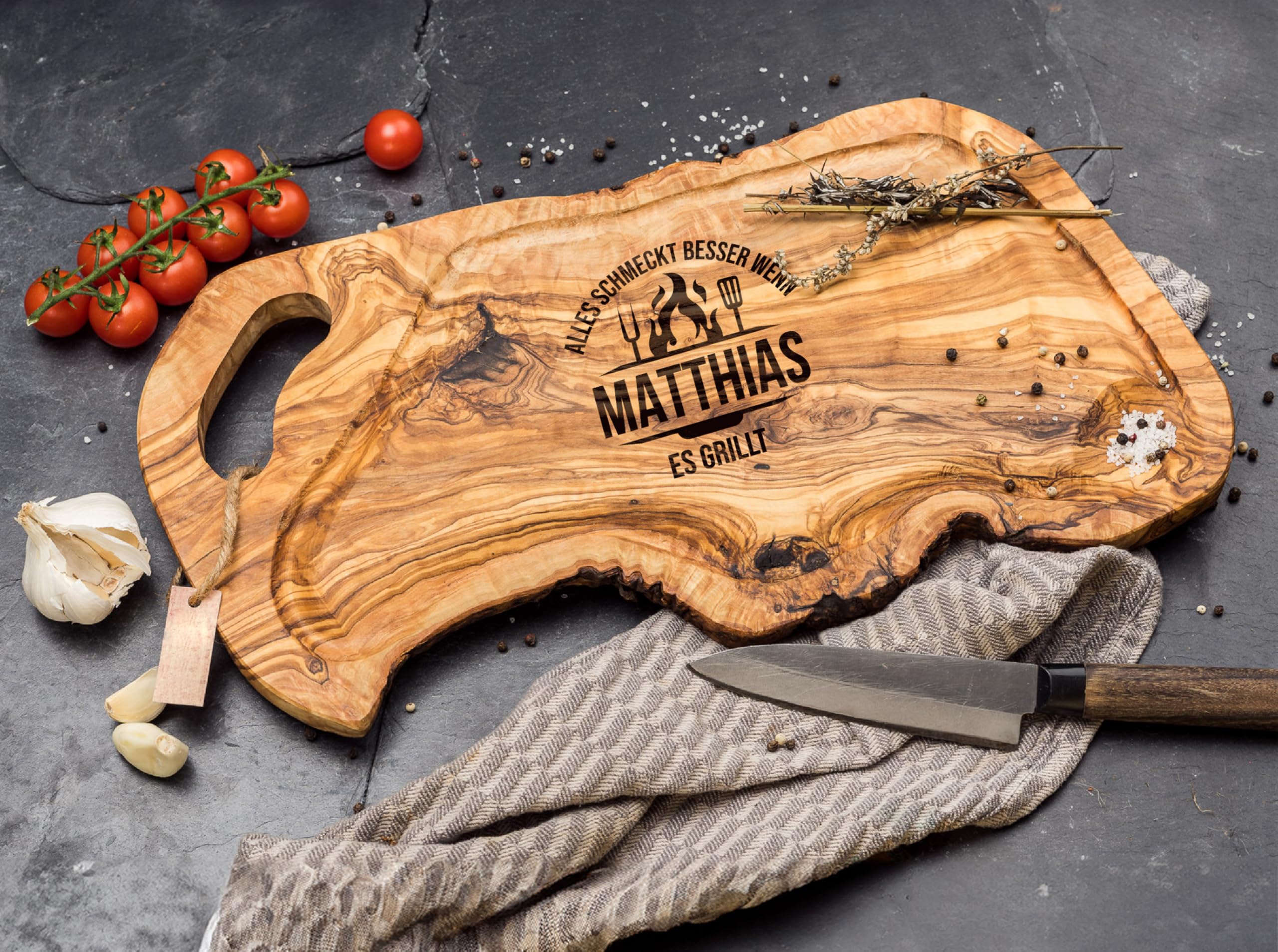 Schneidebrett Personalisiert | Olivenholz | Steakbrett | Grillbrett | Grill Geschenke für Männer | Grill Zubehör | Holz Schneidebrett Individuelles Geschenk Männer | Olivenholzbrett Gravur