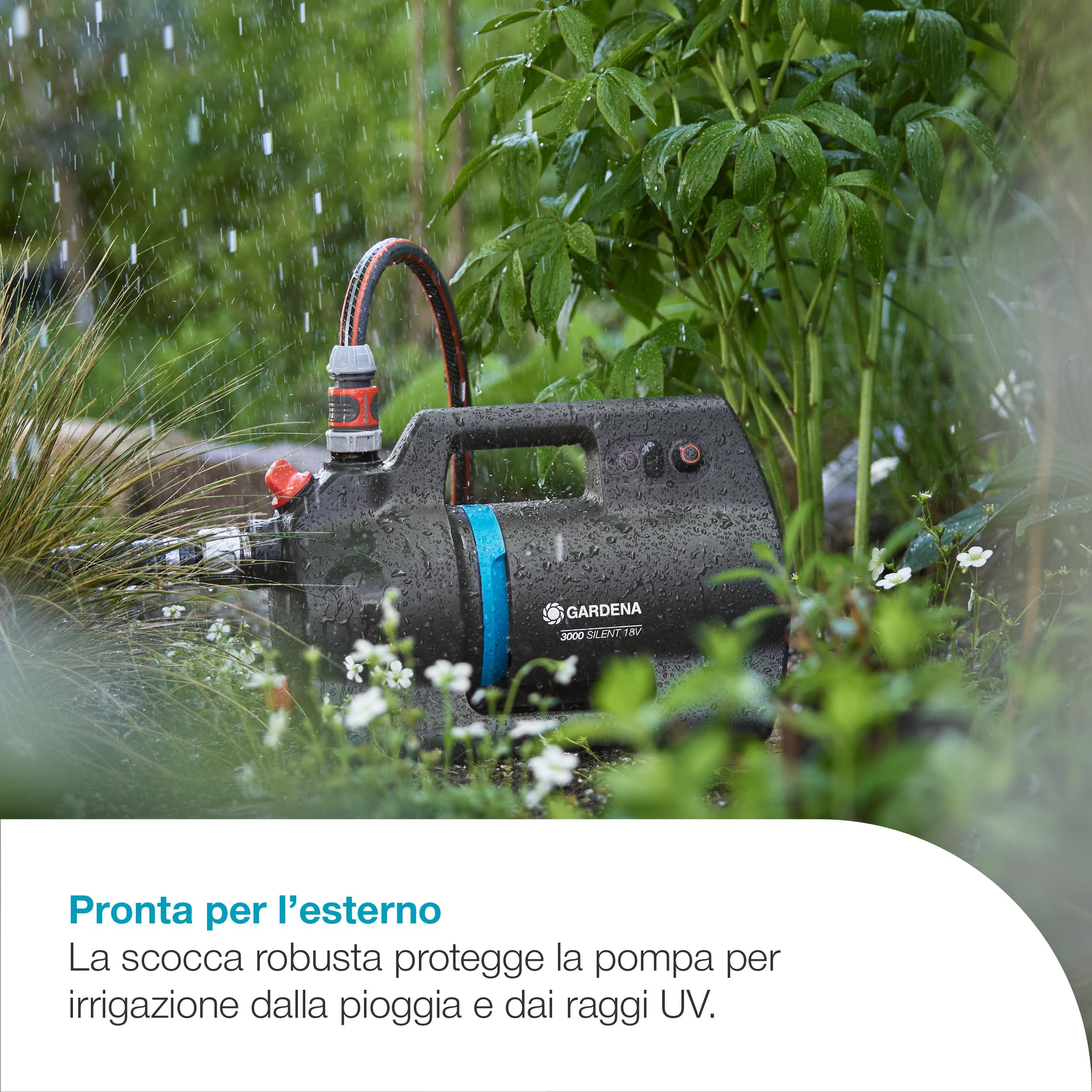 Gardena Pompa Da Giardino A Batteria 3000 Silent 18V P4A Solo: Potente, Funzionamento silenzioso, Scocca resistente alla pioggia e ai raggi UV, Protezione dal funzionamento a secco (14610-55)