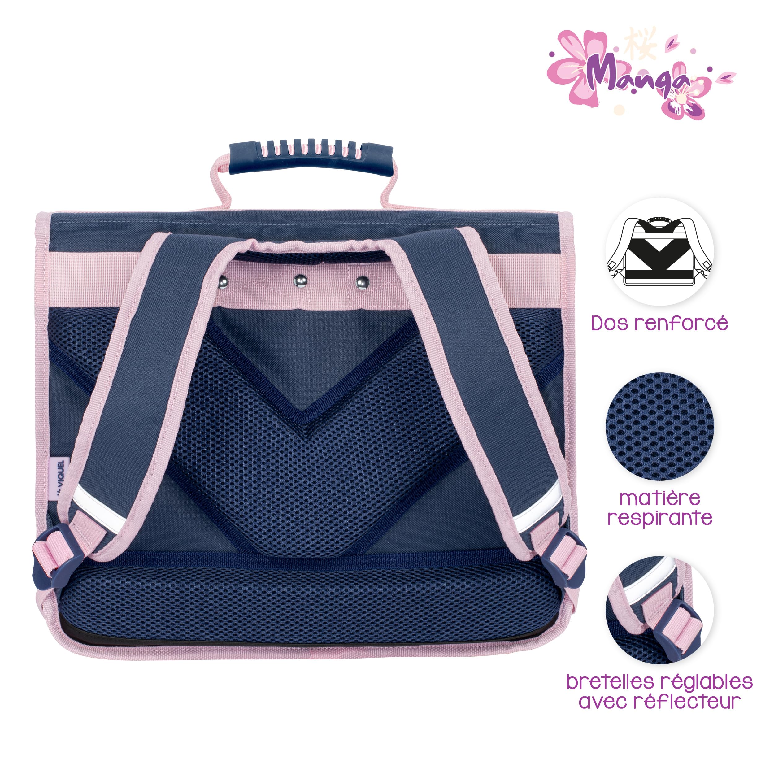 Viquel - Cartable primaire MANGA - Cartable fille 2 compartiments - Sac Scolaire Ergonomique avec Bandes réfléchissantes, Compartiments multiples - Bleu