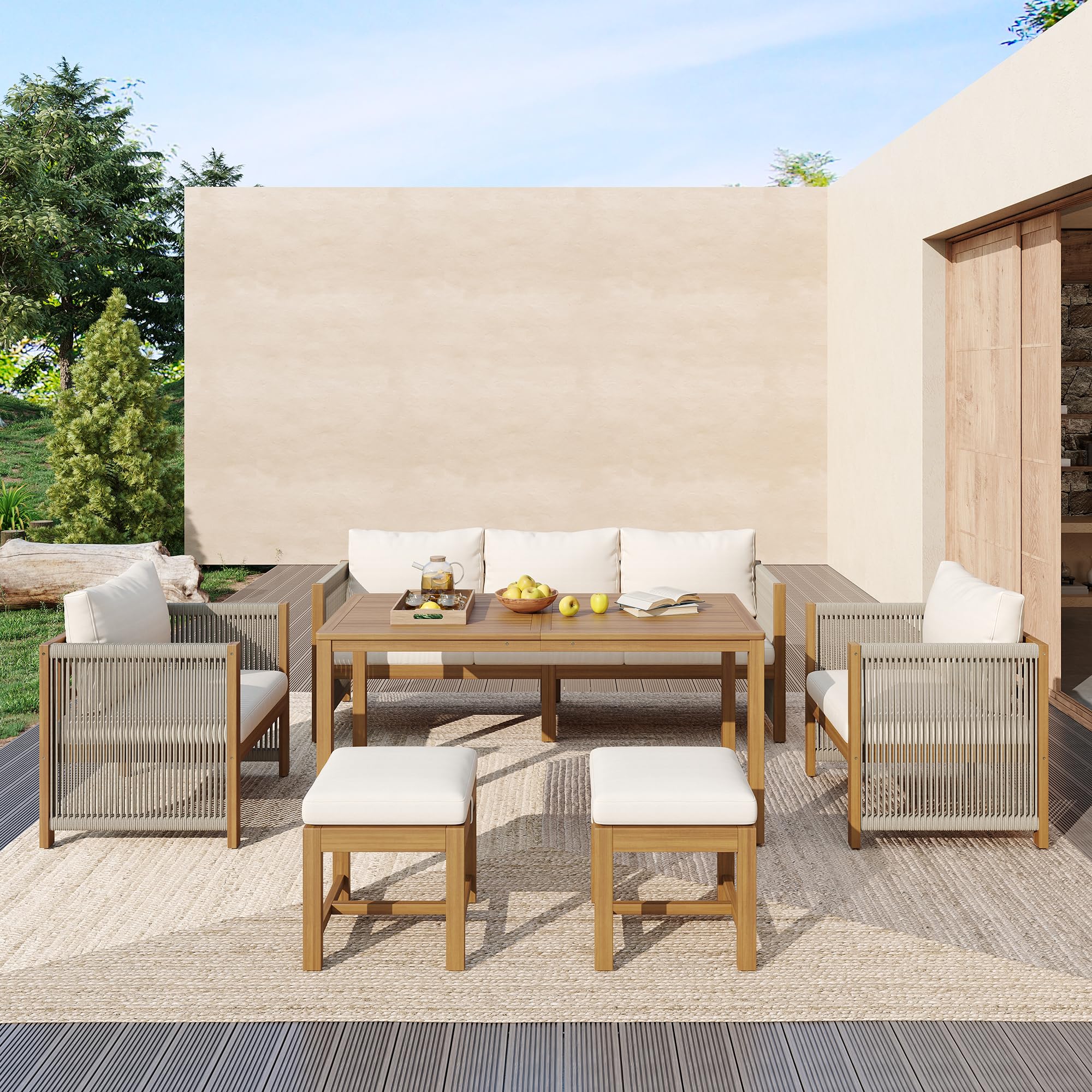 Set di 6 sedie da giardino, set di mobili da giardino, 3 divani, 2 divani, 2 sgabelli, tavolo da pranzo, tavolo in acacia (beige)