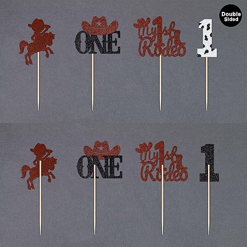 Miniatura 4 de Gexolenu 24 piezas My First Redeo Cupcake Toppers 4 Formas Glitter Brown Cowboy Hat One Boots Cupcake Picks para temática occidental Baby Shower