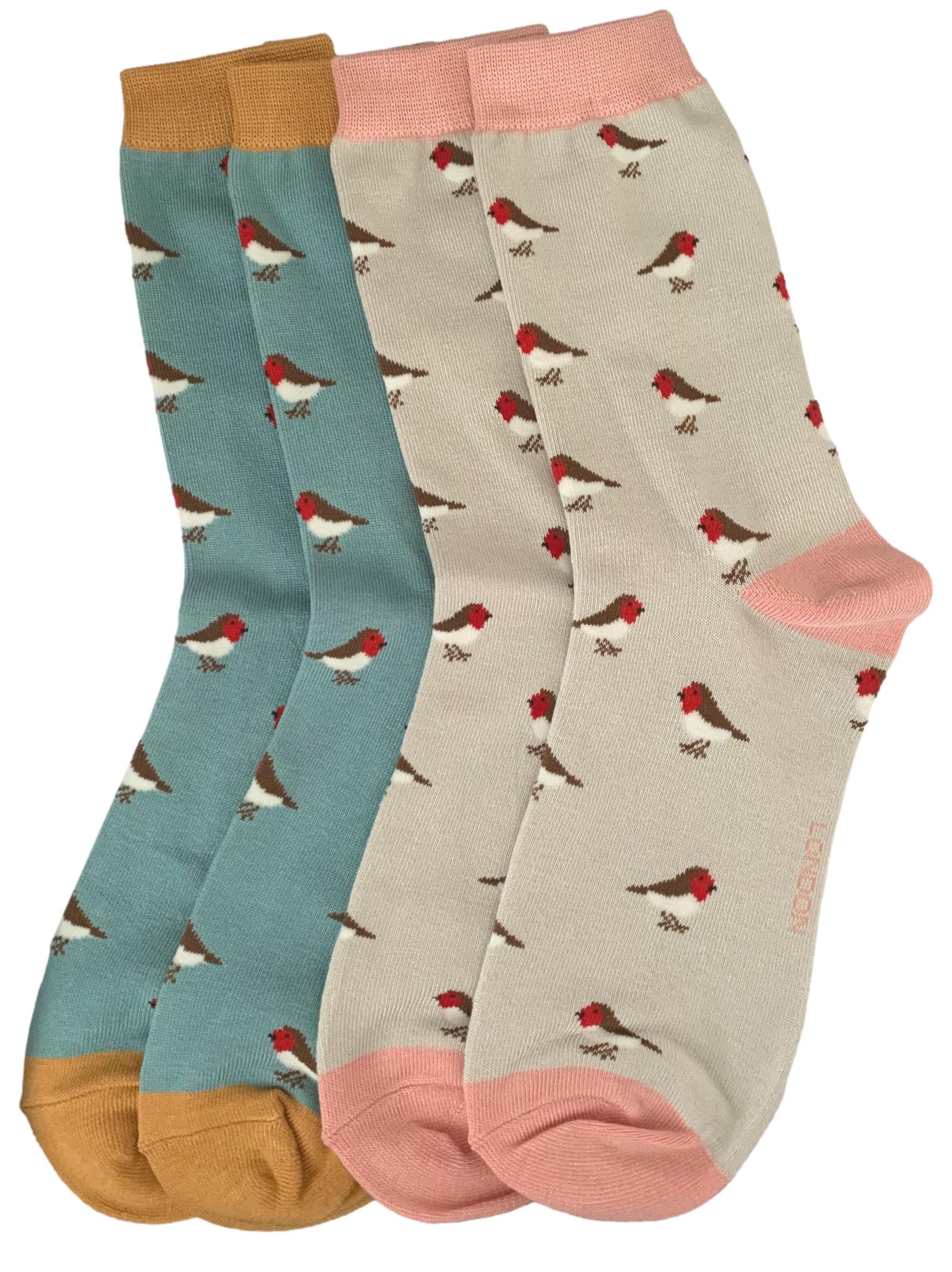 Purple Possum® Robin Socks Ladies Robins Birds Bird Bamboo Cotton Shoe Size 3-7 Womens Novelty Socks (2 Pair Pack Blue and Grey)