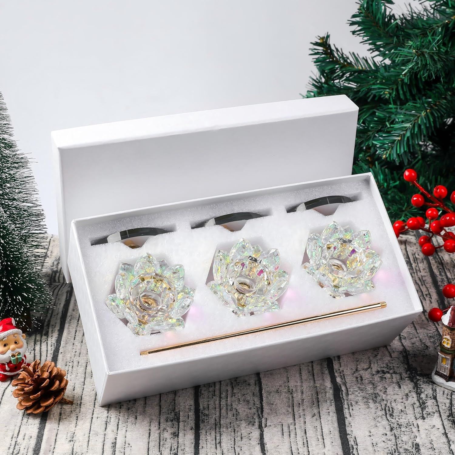 6pcs Crystal Candle Holders, Lotus Flower Candlestick Holders with Mirror Base, Metal Stand, Elegant Table Centerpieces for Home Decor, Wedding, Party (Taper Candle)