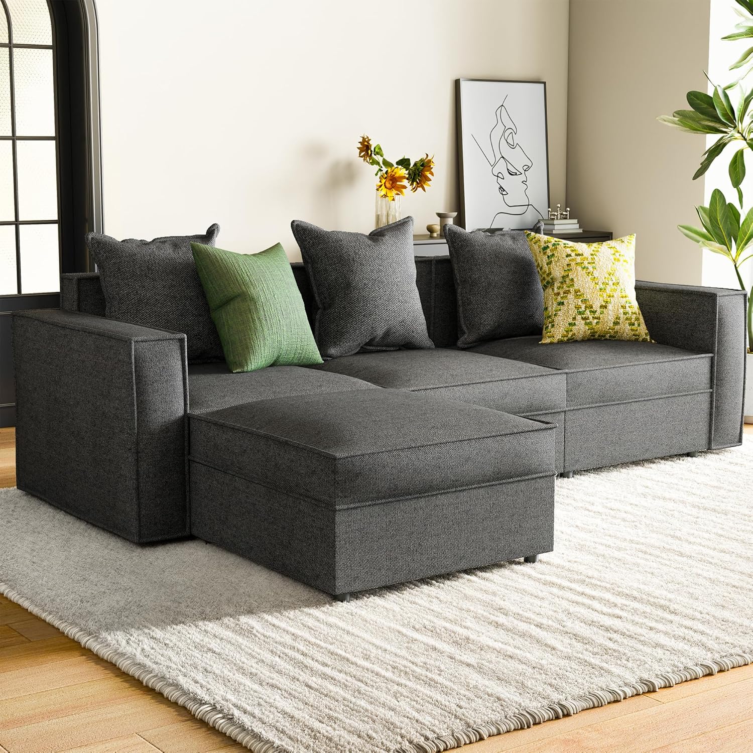 89" Modular L-Shaped Sectional Couch with Storage, Sofa with Reversible Chaise, Removable Cushion Covers, Comfy 3-Seater Woven Fabric Couch for Small Space, Apartment, Living Room, Dark Gray