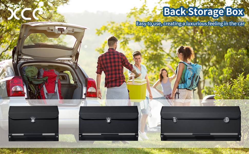 XCF Kofferbakorganizer, leer, waterdicht, met deksel en stabiele handgreep, opbergvak voor verpakking, SUV, auto-accessoires (zwart) (zwart, M (52 * 29 * 31cm